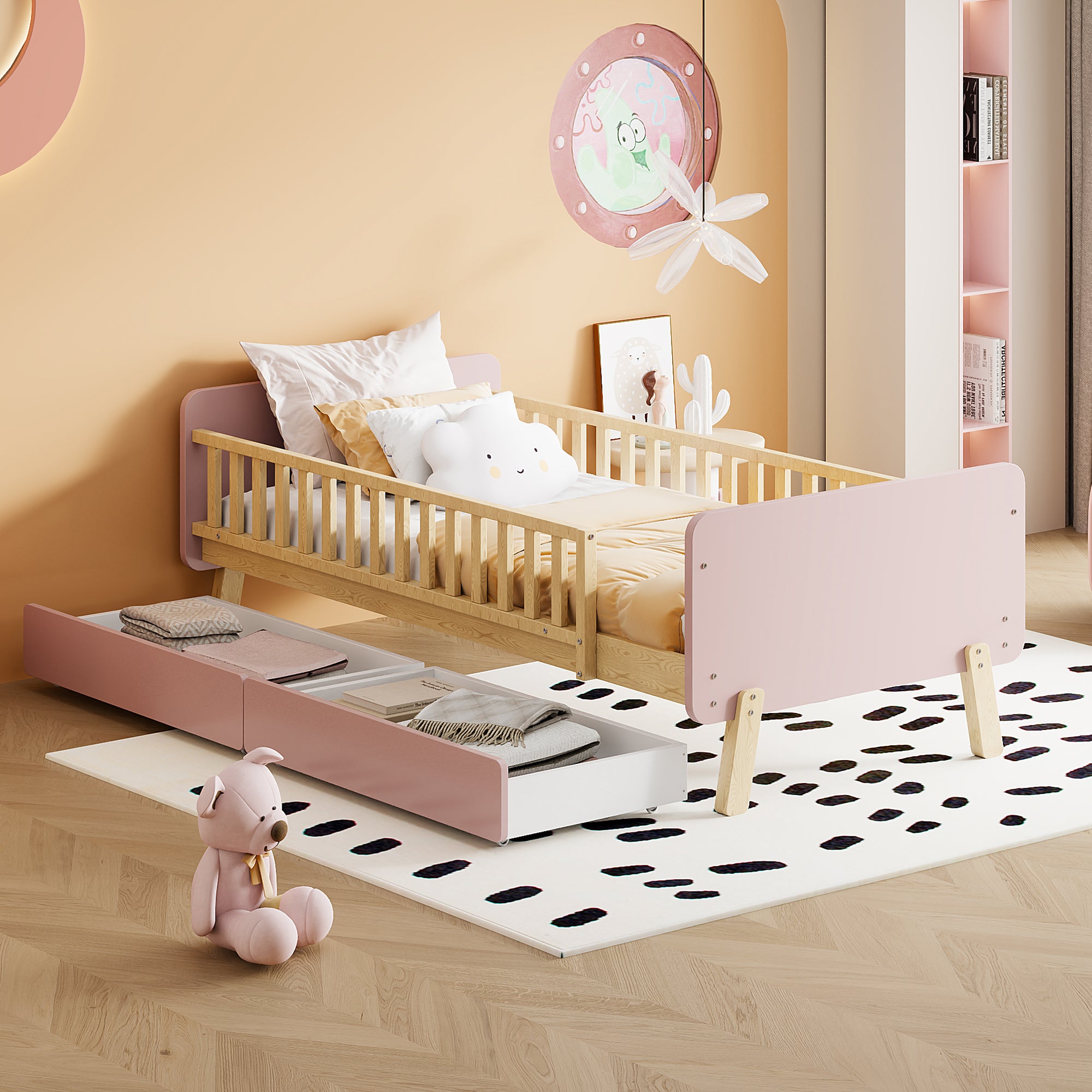 Children's Bed 90x190 with 2 Drawers, Solid Wood, Pink