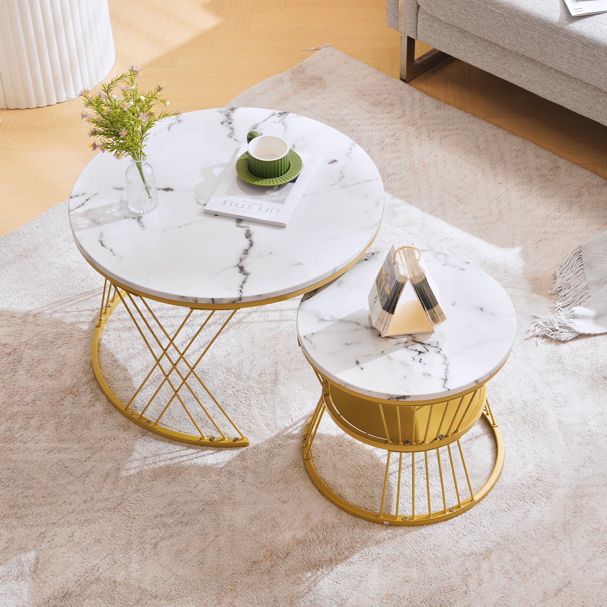 Nesting Coffee Table Set, 2 Round End Tables, High Gloss Marble Veneer Gold Frame