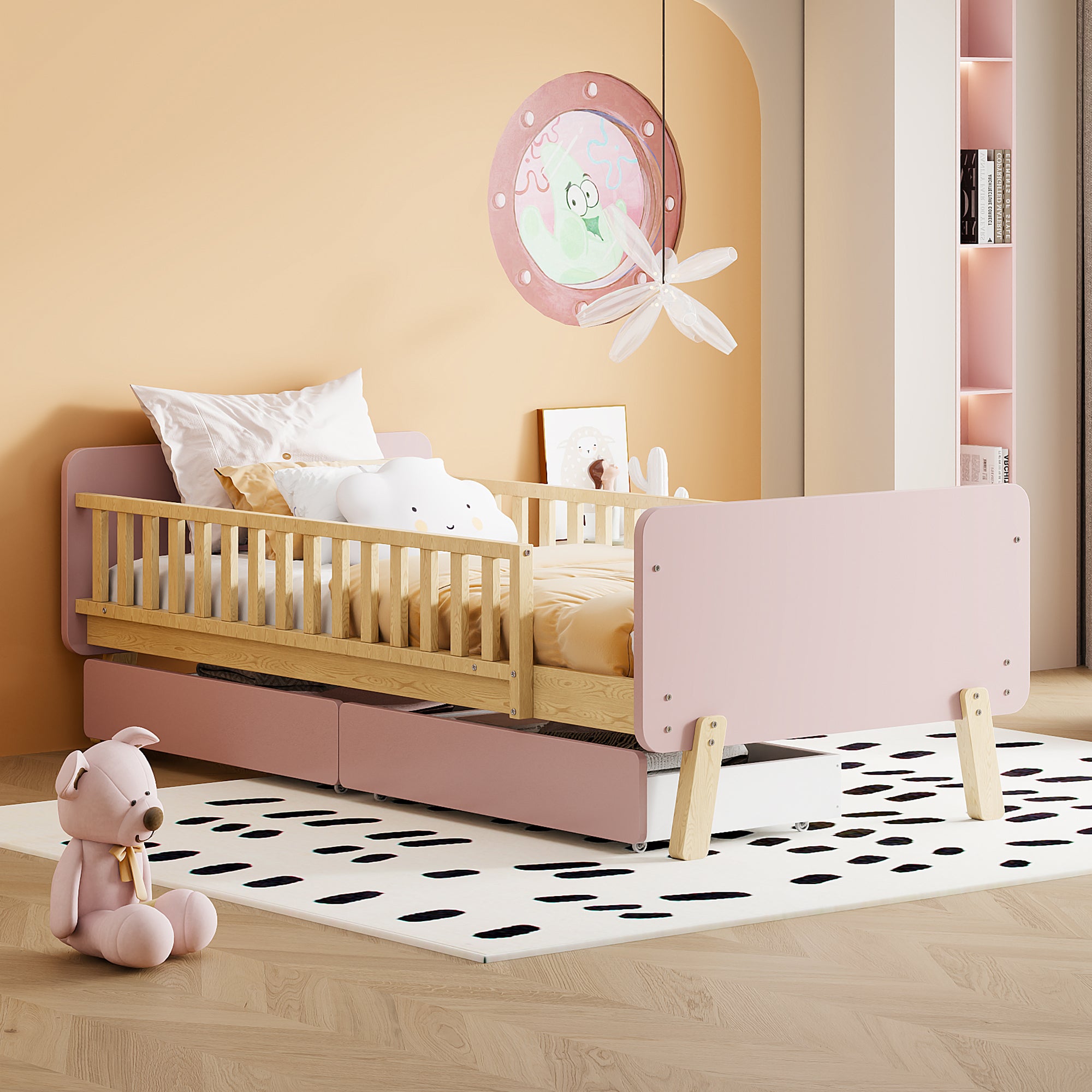 Children's Bed 90x190 with 2 Drawers, Solid Wood, Pink