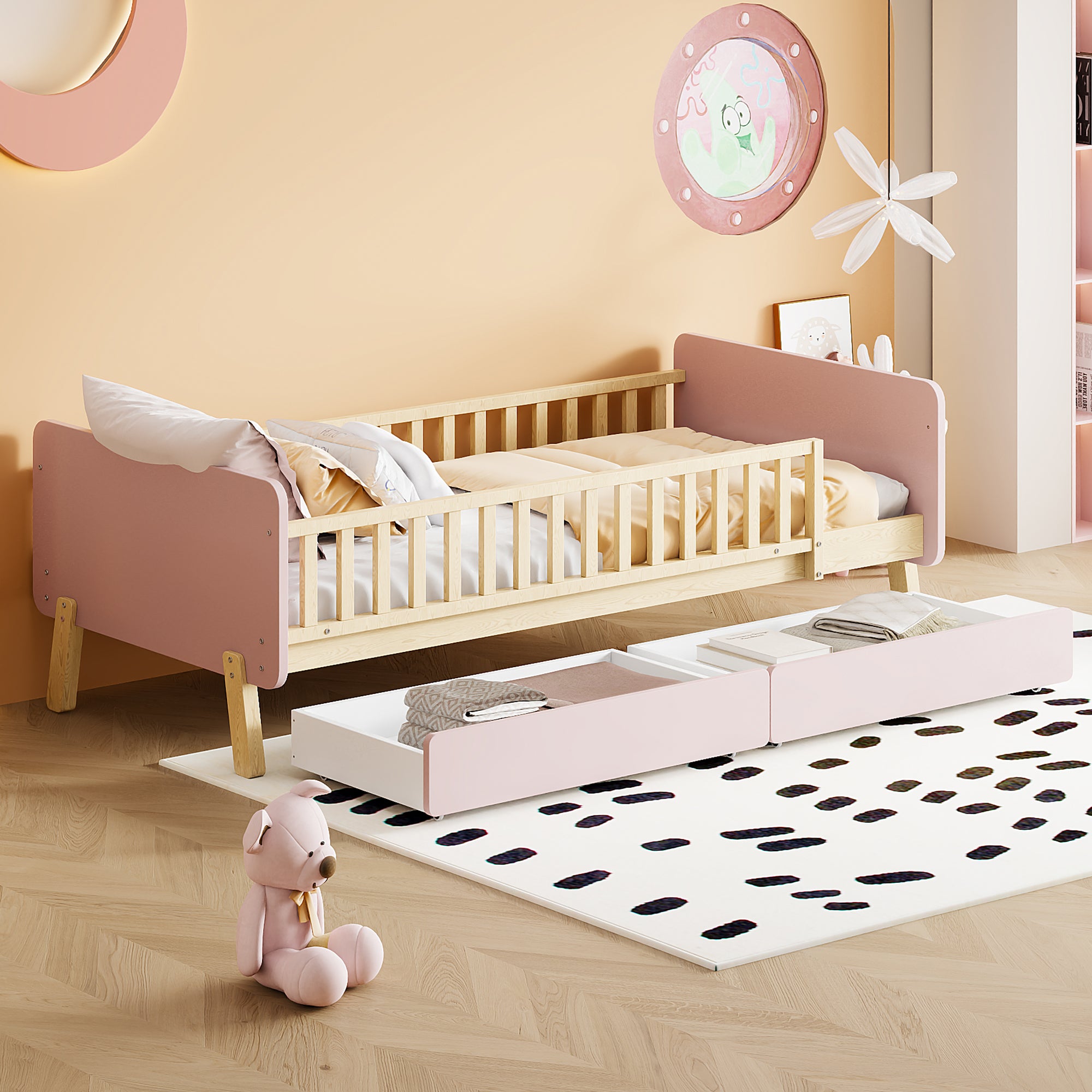 Children's Bed 90x190 with 2 Drawers, Solid Wood, Pink