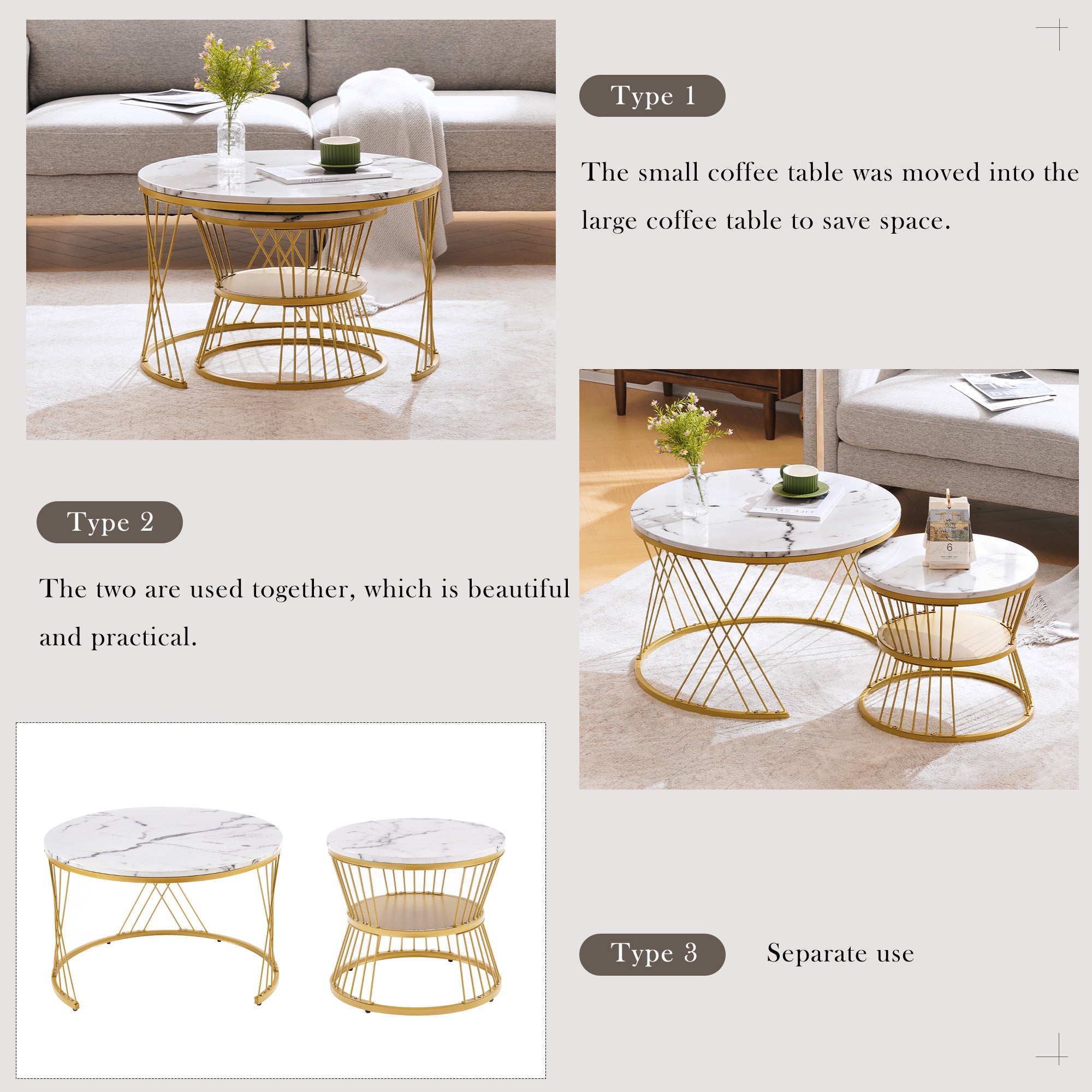 Nesting Coffee Table Set, 2 Round End Tables, High Gloss Marble Veneer Gold Frame