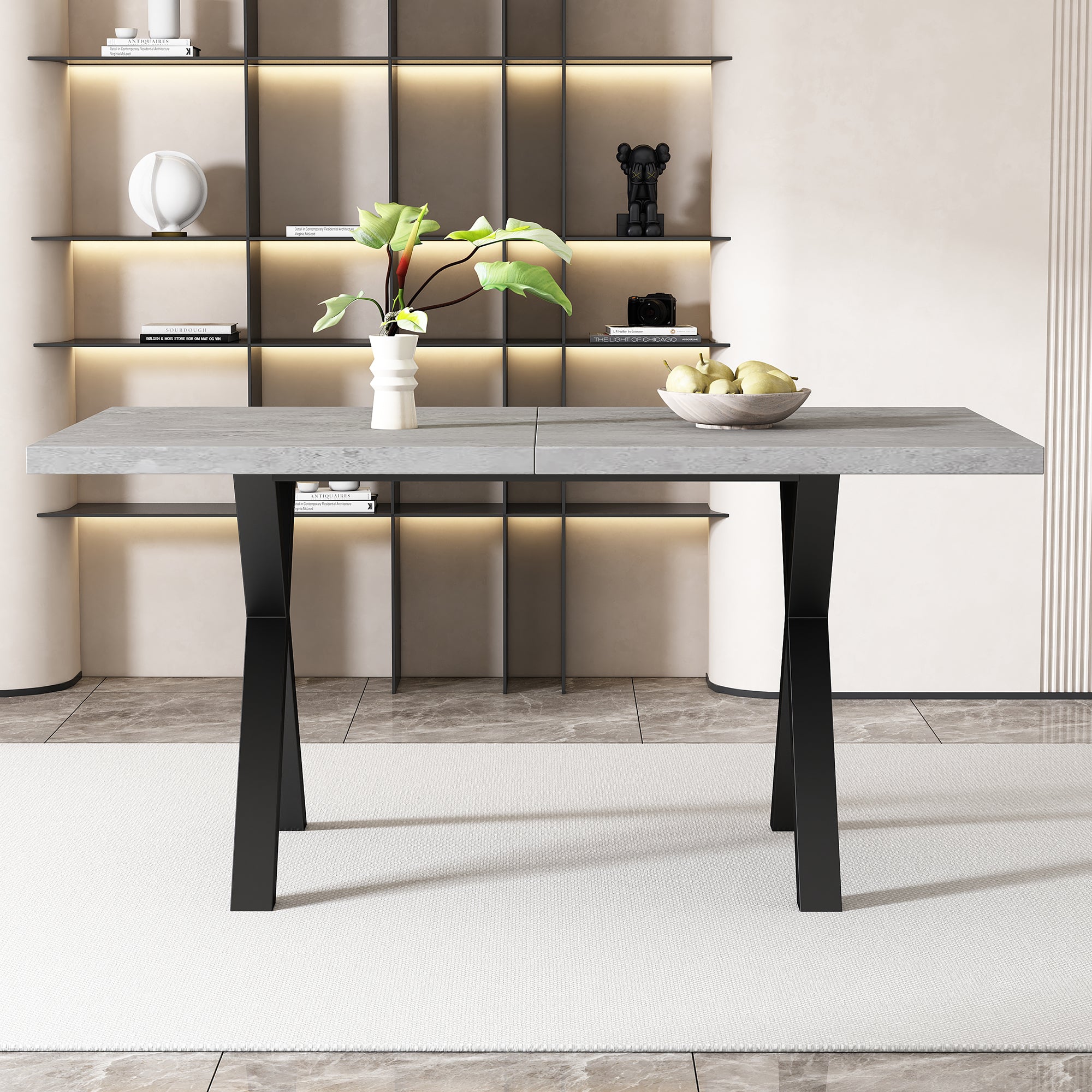 Dining Table Rectangular 140x80cm Crossed Legs Wrought Iron - Concrete Look/Black