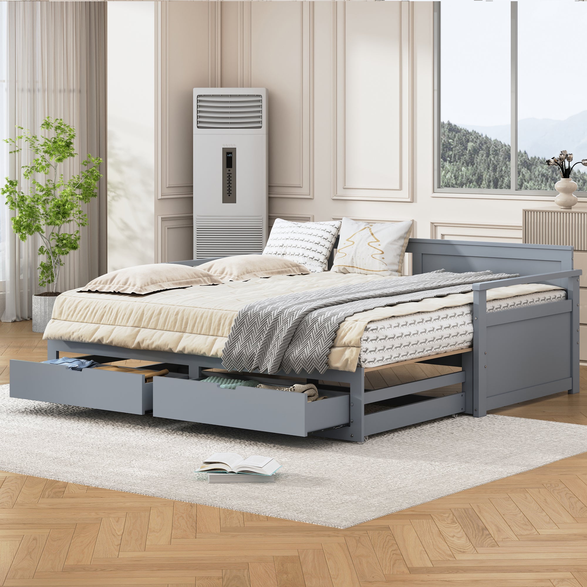 Day Bed, Multifunctional Two-in-One with Drawers, Pull-Out, Pine, Grey