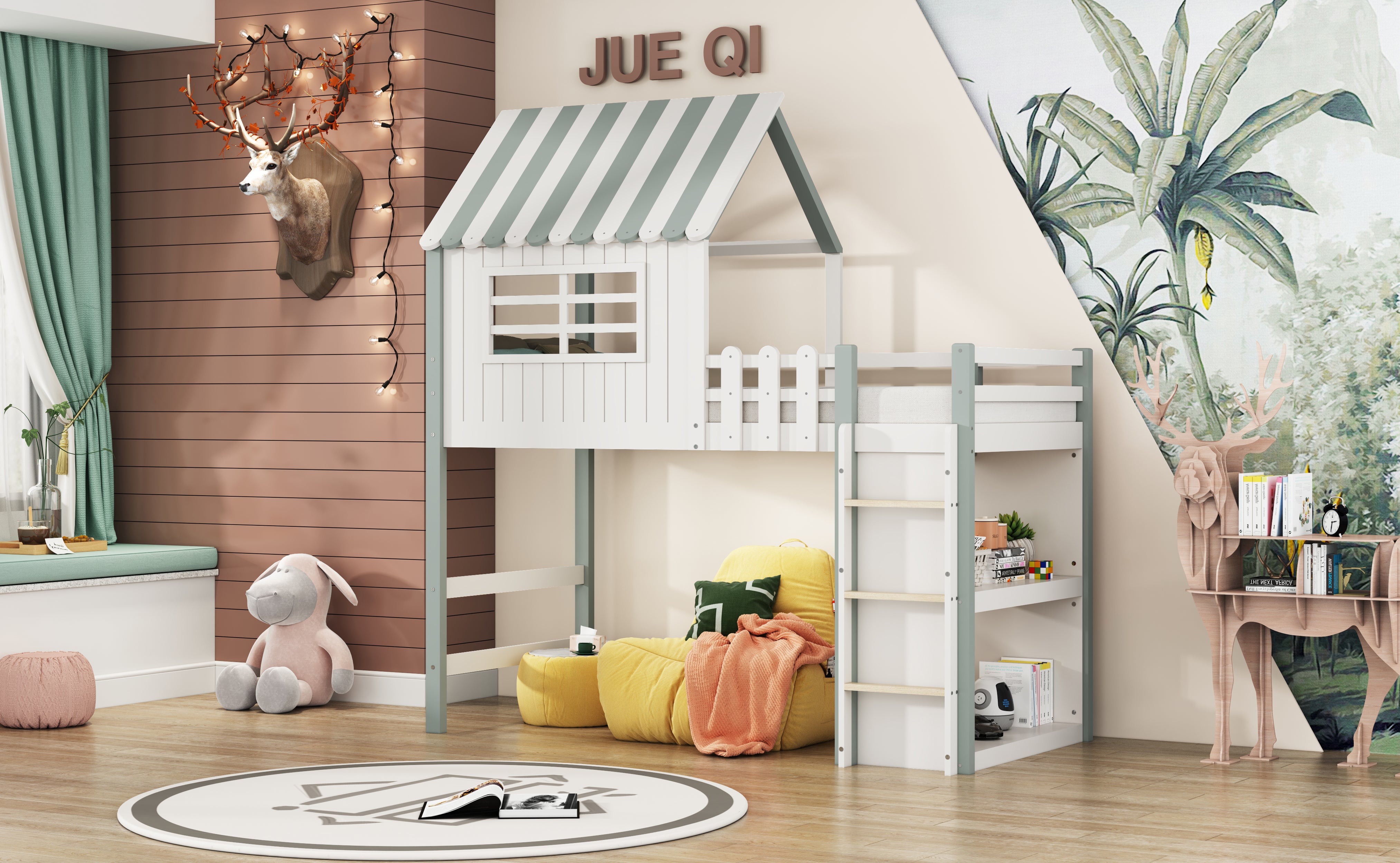 Children's Bed, High & Low Roof Shape with Ladder & Storage, Solid Wood, Green
