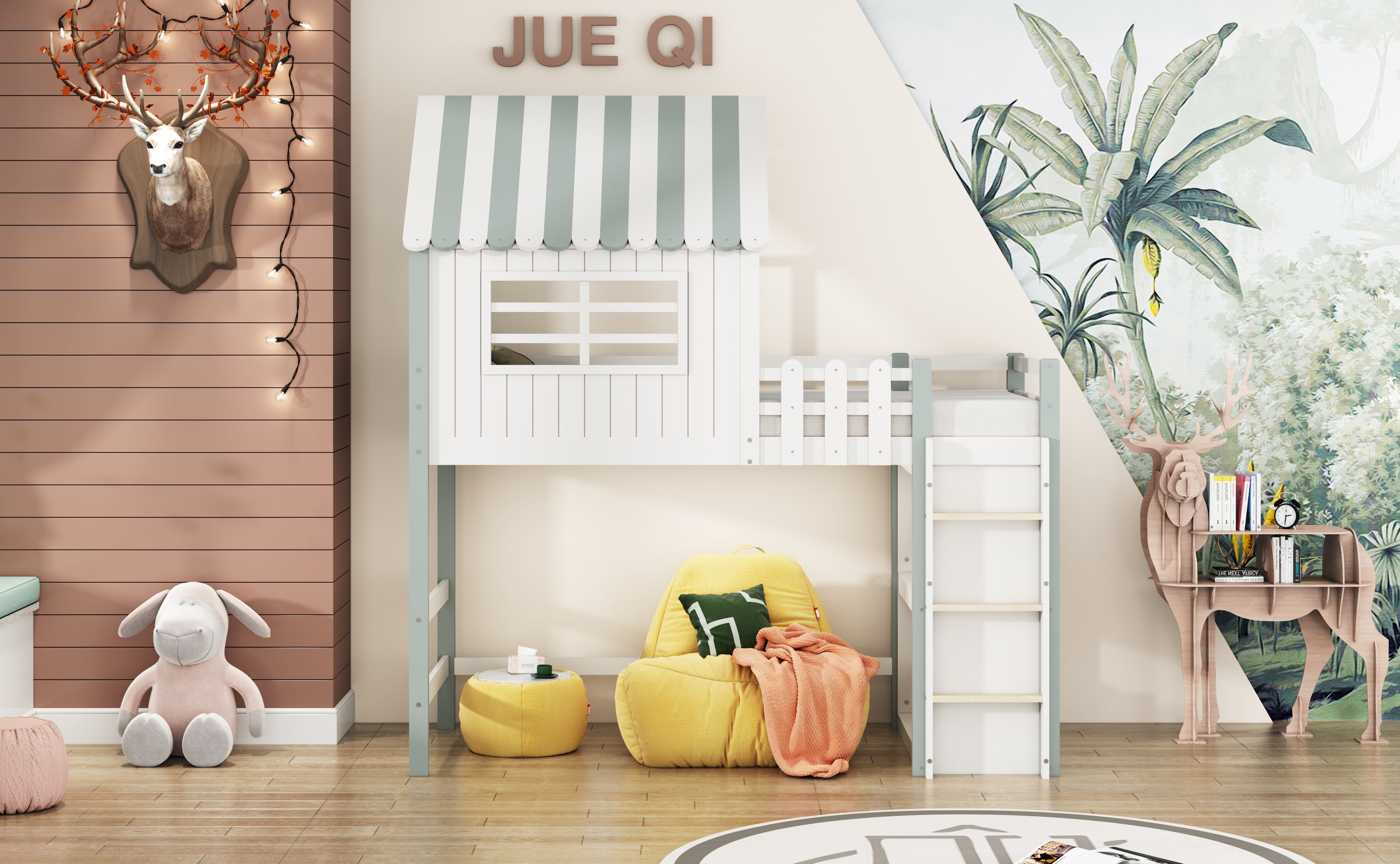 Children's Bed, High & Low Roof Shape with Ladder & Storage, Solid Wood, Green