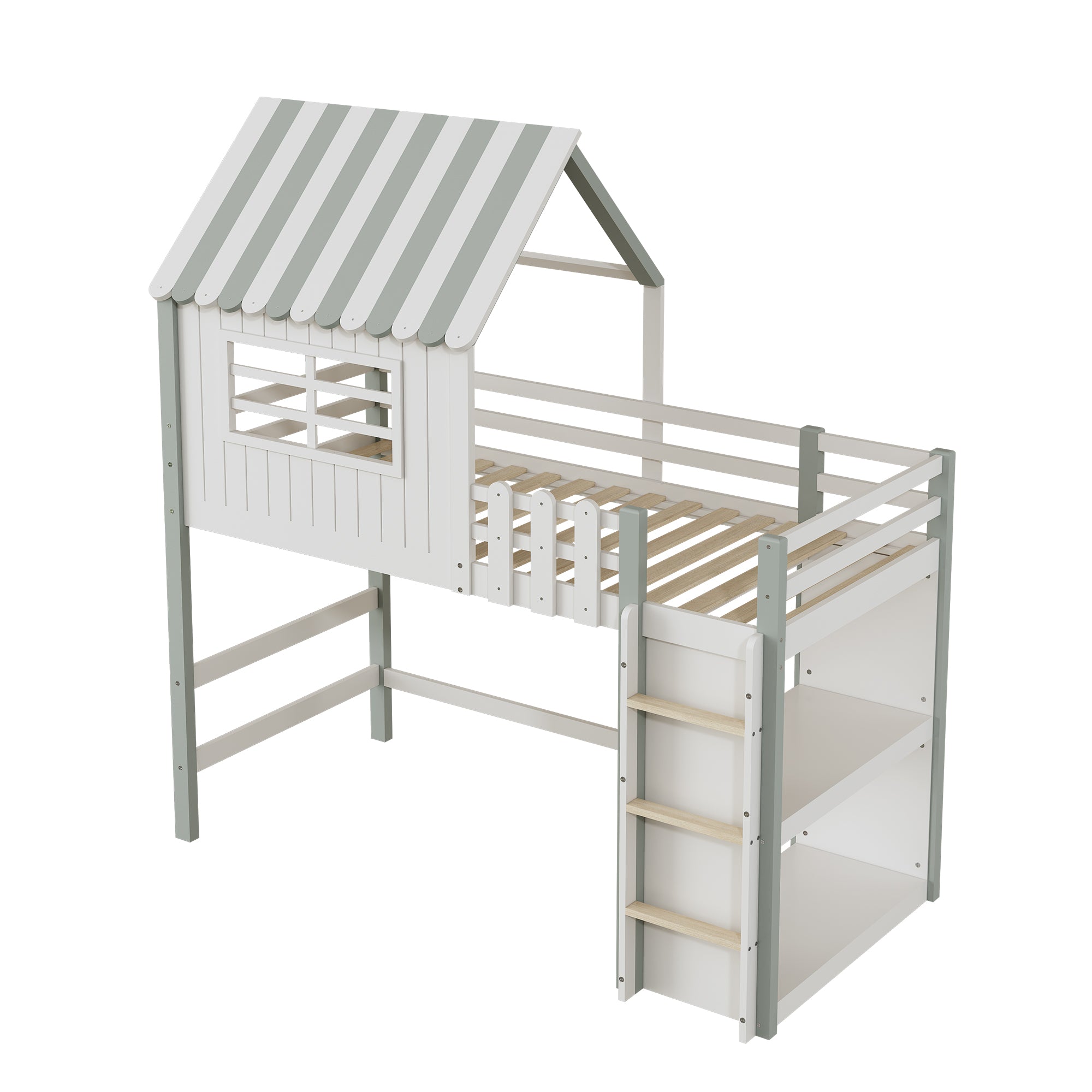 Children's Bed, High & Low Roof Shape with Ladder & Storage, Solid Wood, Green