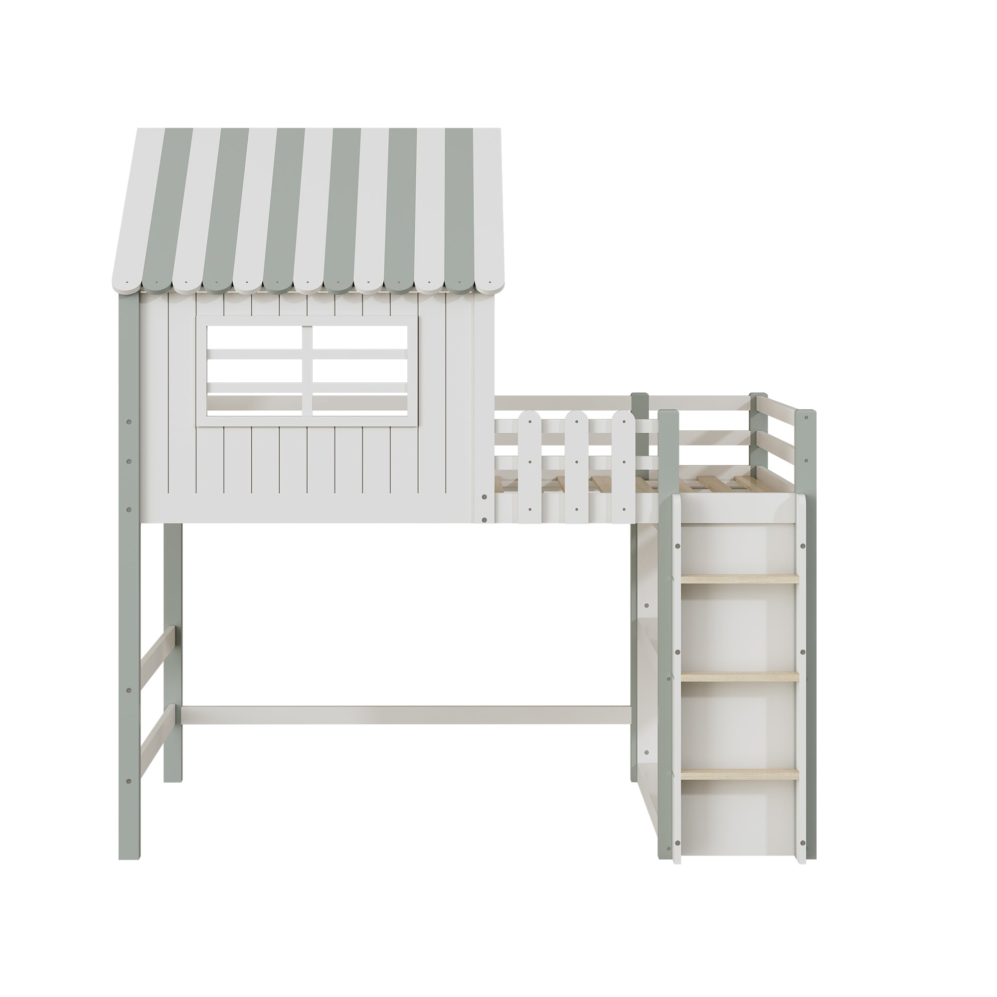 Children's Bed, High & Low Roof Shape with Ladder & Storage, Solid Wood, Green
