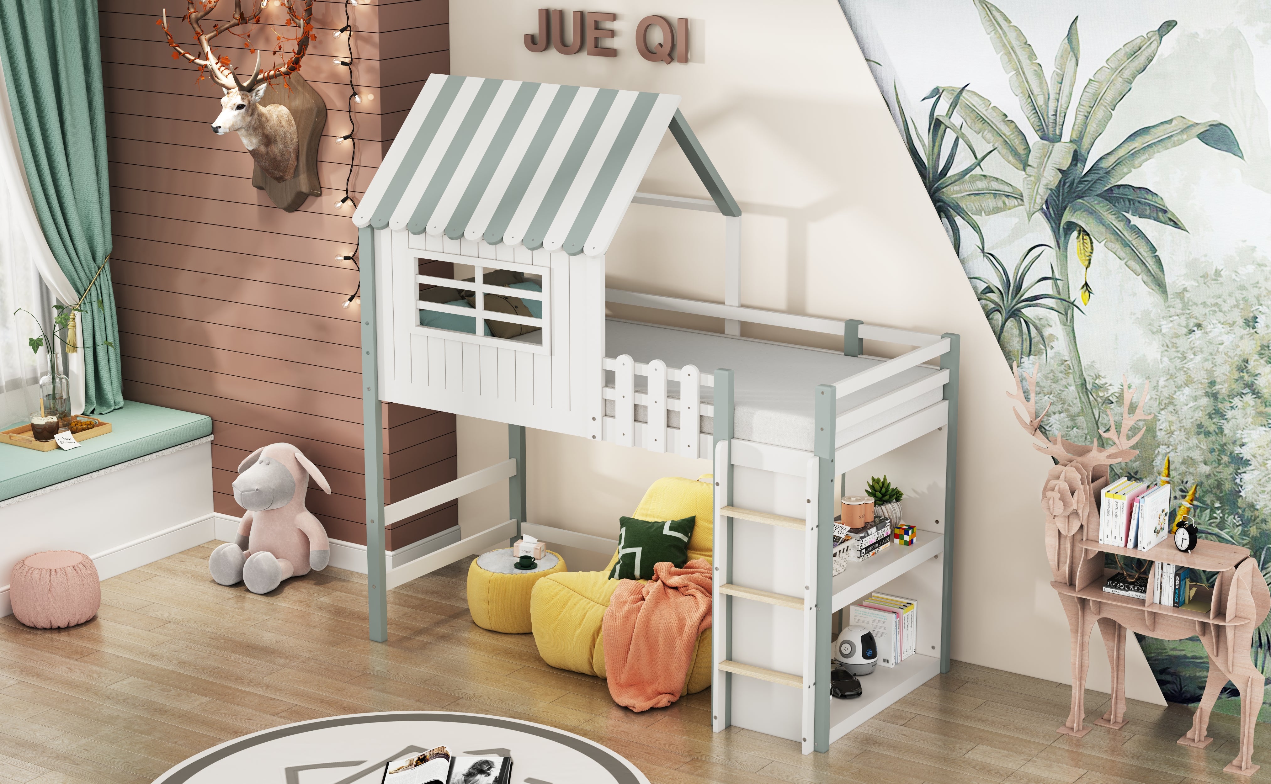 Children's Bed, High & Low Roof Shape with Ladder & Storage, Solid Wood, Green