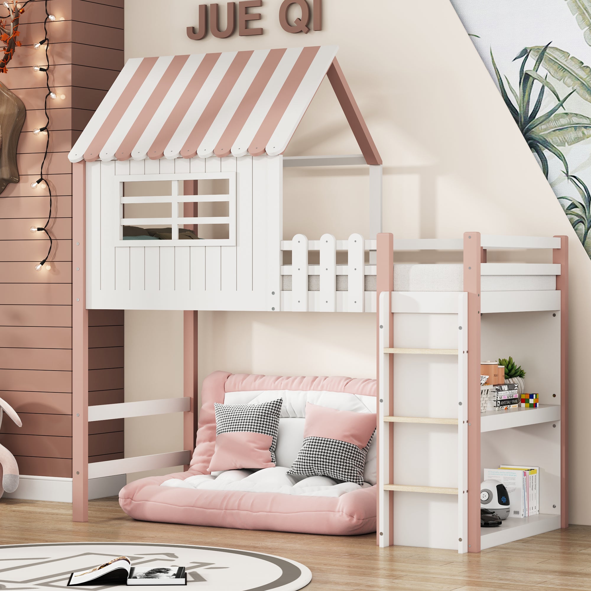 Children's Bed 90x200cm, High & Low Roof Shape with Ladder & Storage, Solid Wood Pink