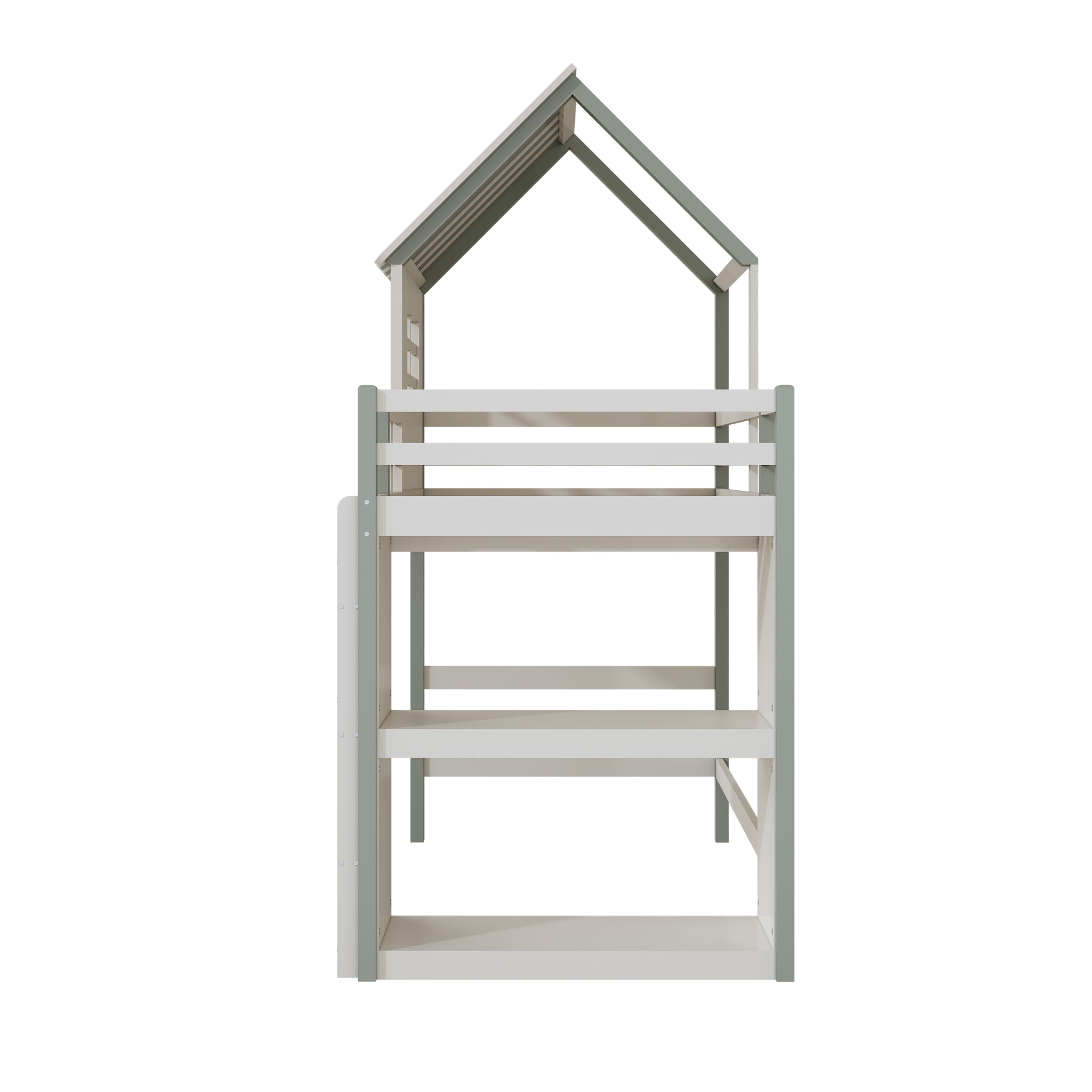 Children's Bed, High & Low Roof Shape with Ladder & Storage, Solid Wood, Green