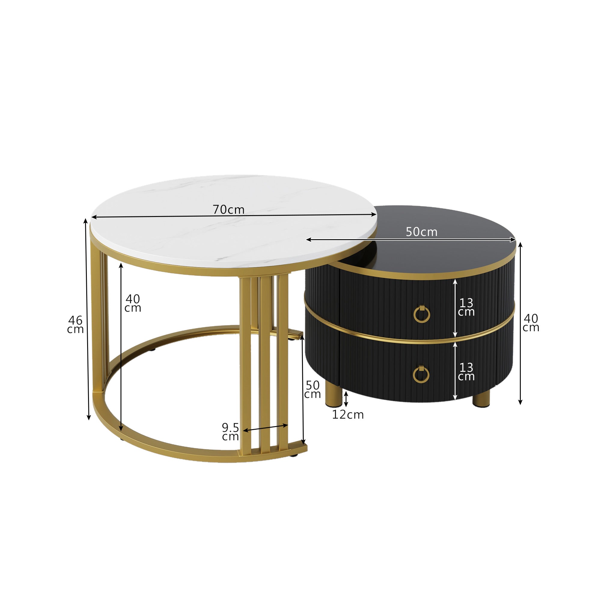 2-in-1 Round Coffee Table/Side Table, 2 Drawers, Glossy/Marble Top, MDF
