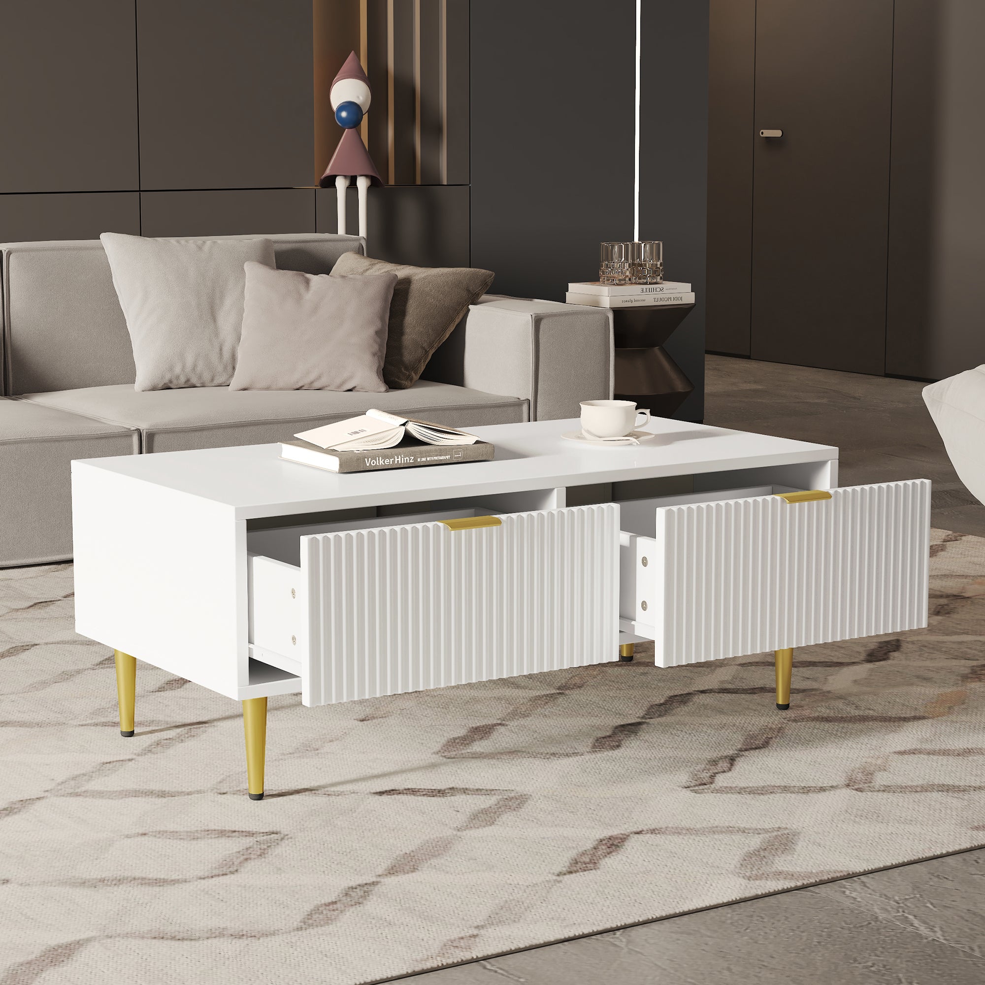 Modern White Coffee Table with 2 Drawers, Vertical Stripe Design, 100x50x40cm, Gold Accents