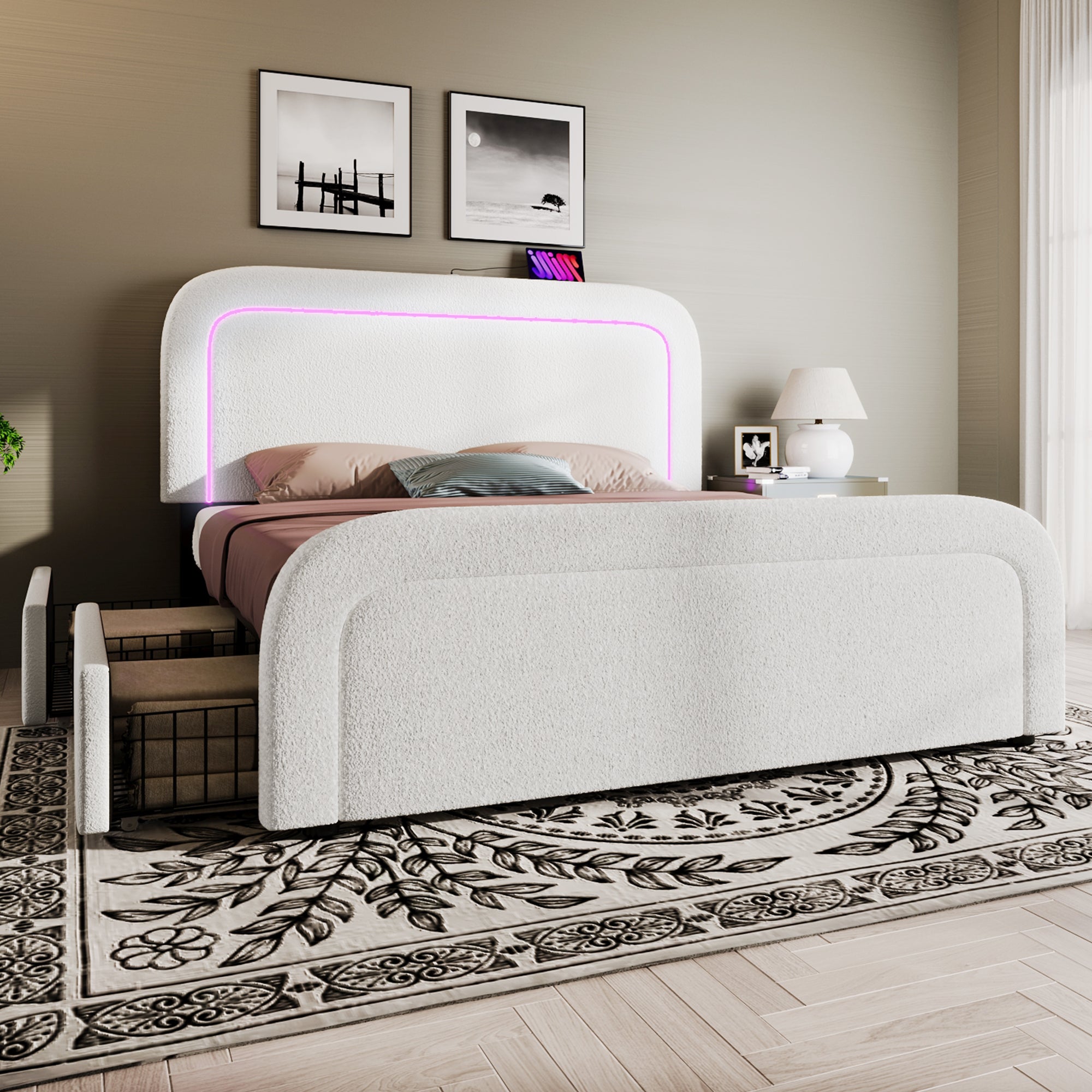 Bed Frame 160x200cm Upholstered LED/USB-C Charging Storage Sherp White