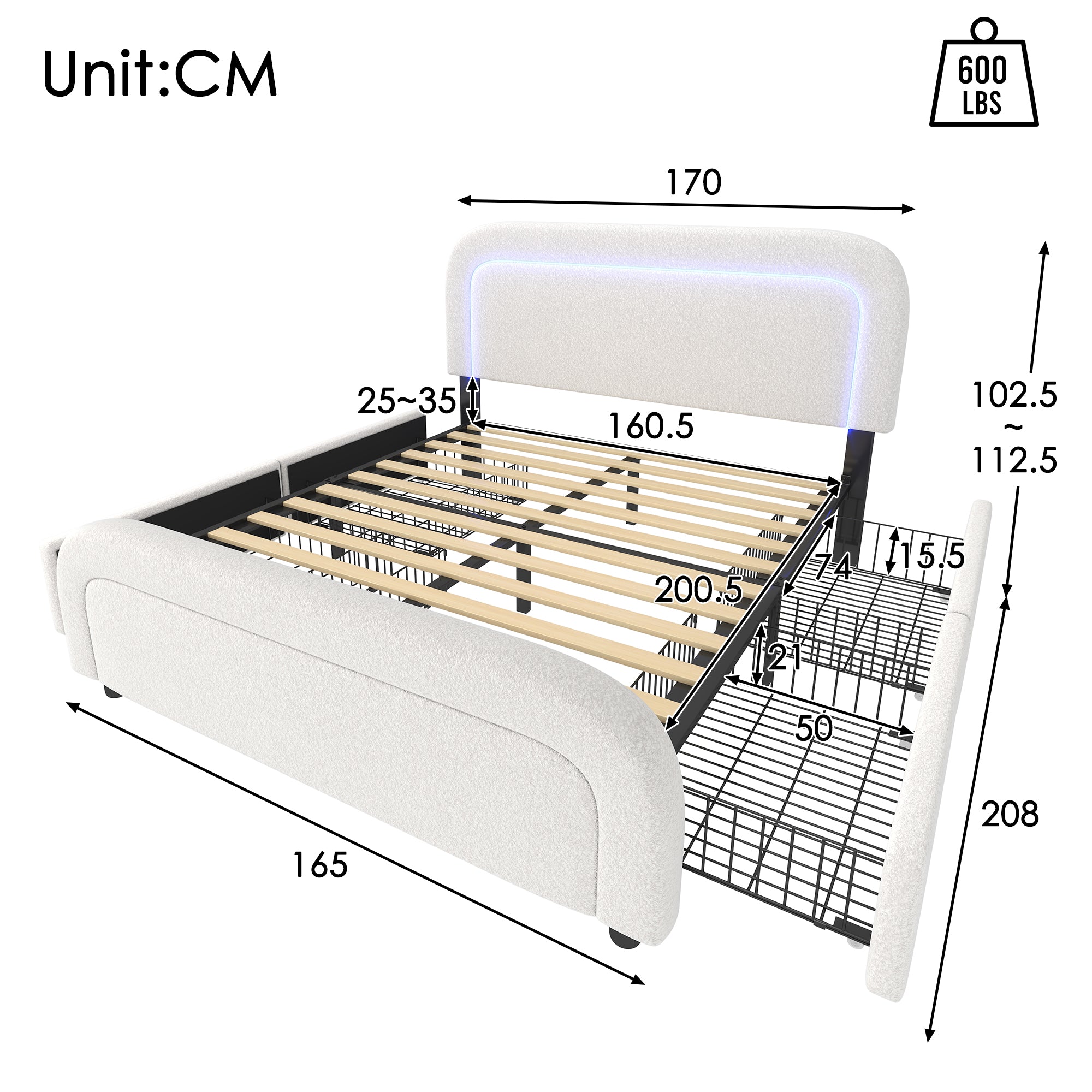 Bed Frame 160x200cm Upholstered LED/USB-C Charging Storage Sherp White
