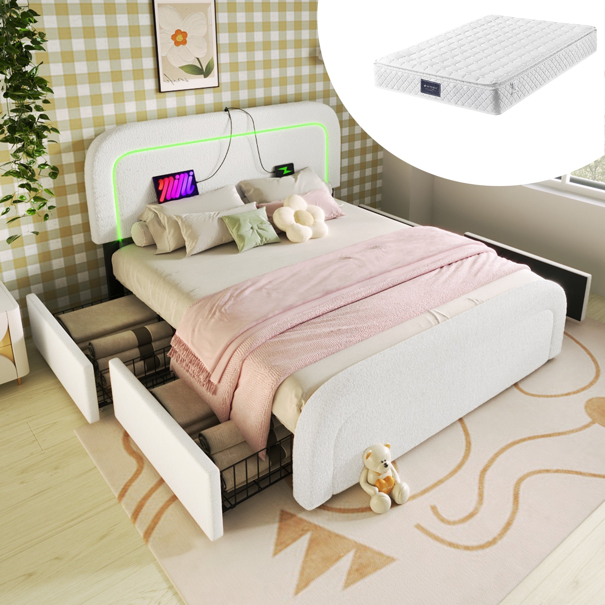 Bed Frame 160x200cm Upholstered LED/USB-C Charging Storage Sherp White