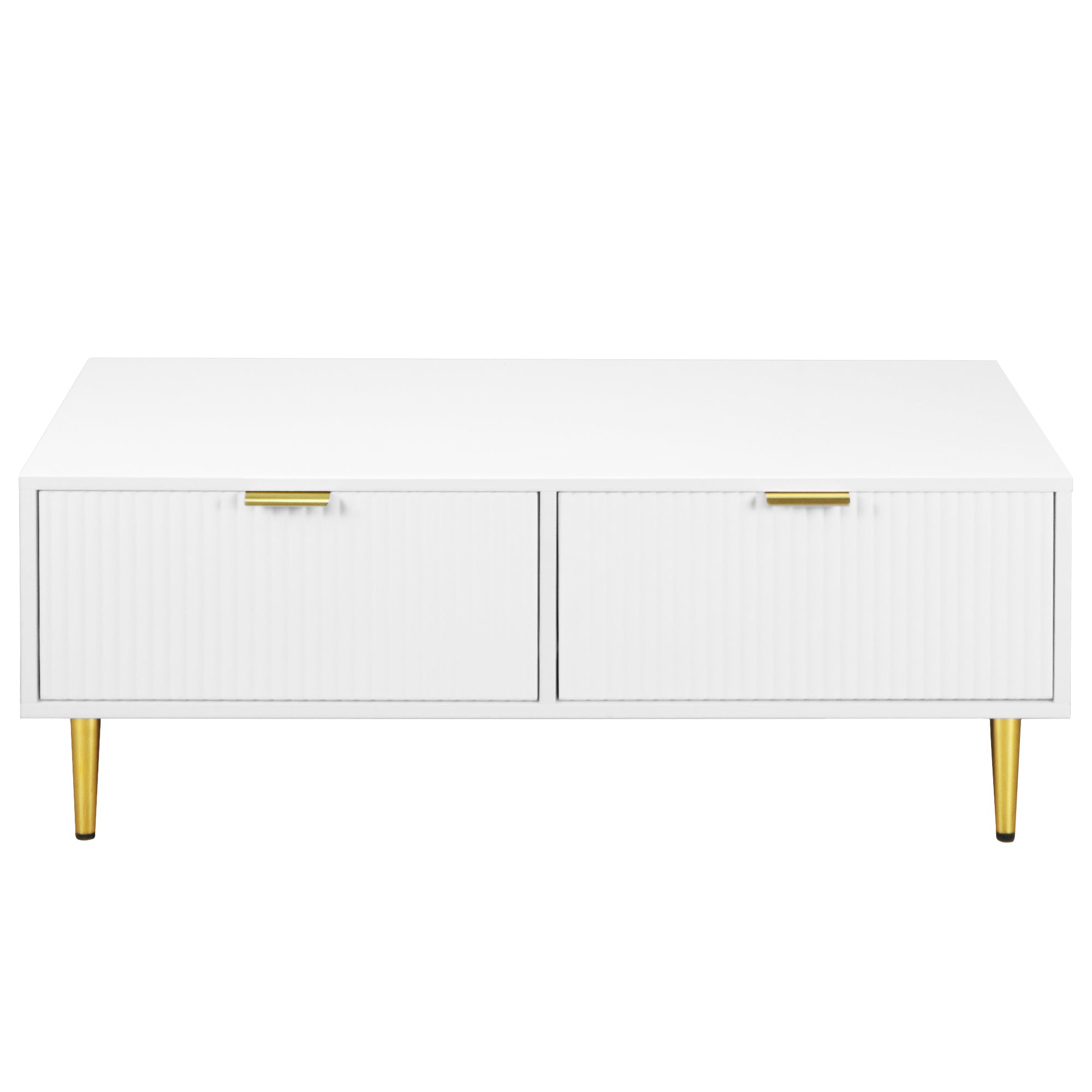 Modern White Coffee Table with 2 Drawers, Vertical Stripe Design, 100x50x40cm, Gold Accents
