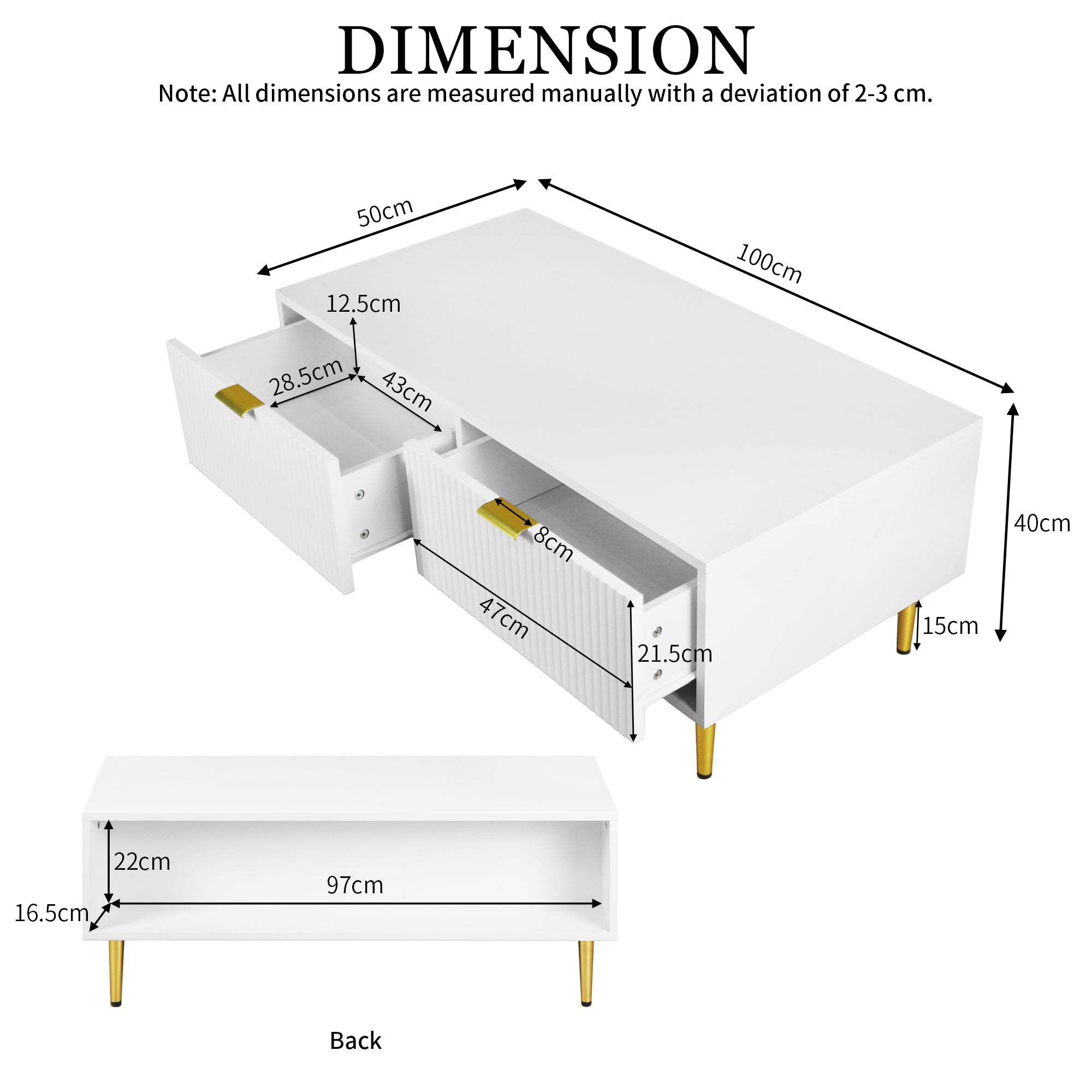 Modern White Coffee Table with 2 Drawers, Vertical Stripe Design, 100x50x40cm, Gold Accents