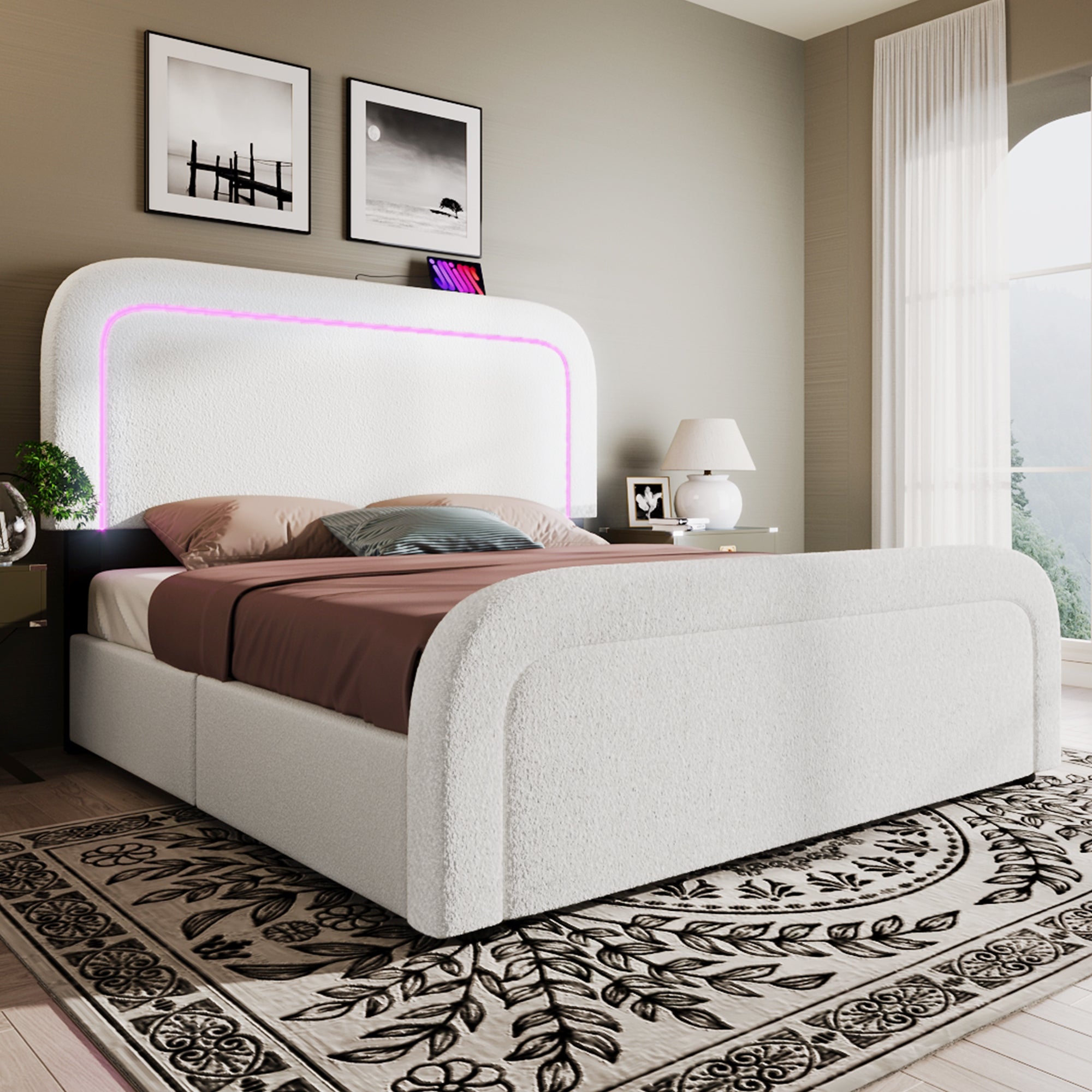 Bed Frame 160x200cm Upholstered LED/USB-C Charging Storage Sherp White