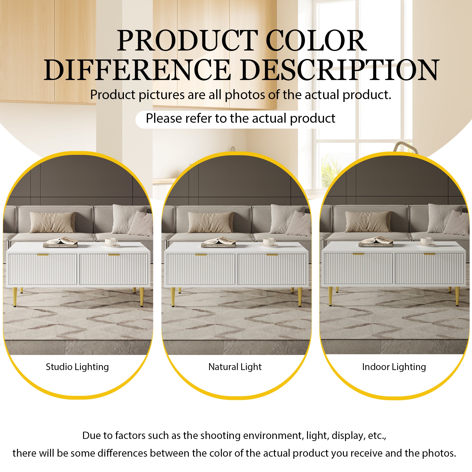 Modern White Coffee Table with 2 Drawers, Vertical Stripe Design, 100x50x40cm, Gold Accents