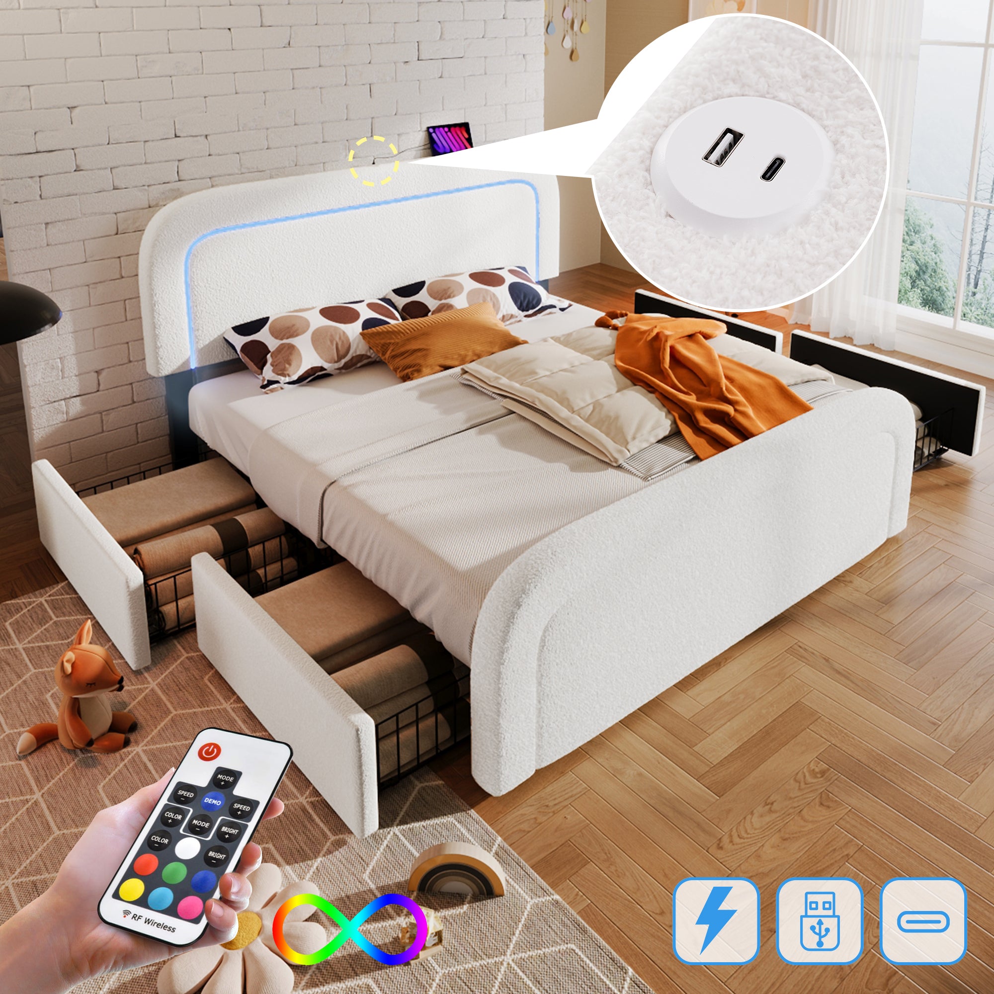 Bed Frame 160x200cm Upholstered LED/USB-C Charging Storage Sherp White