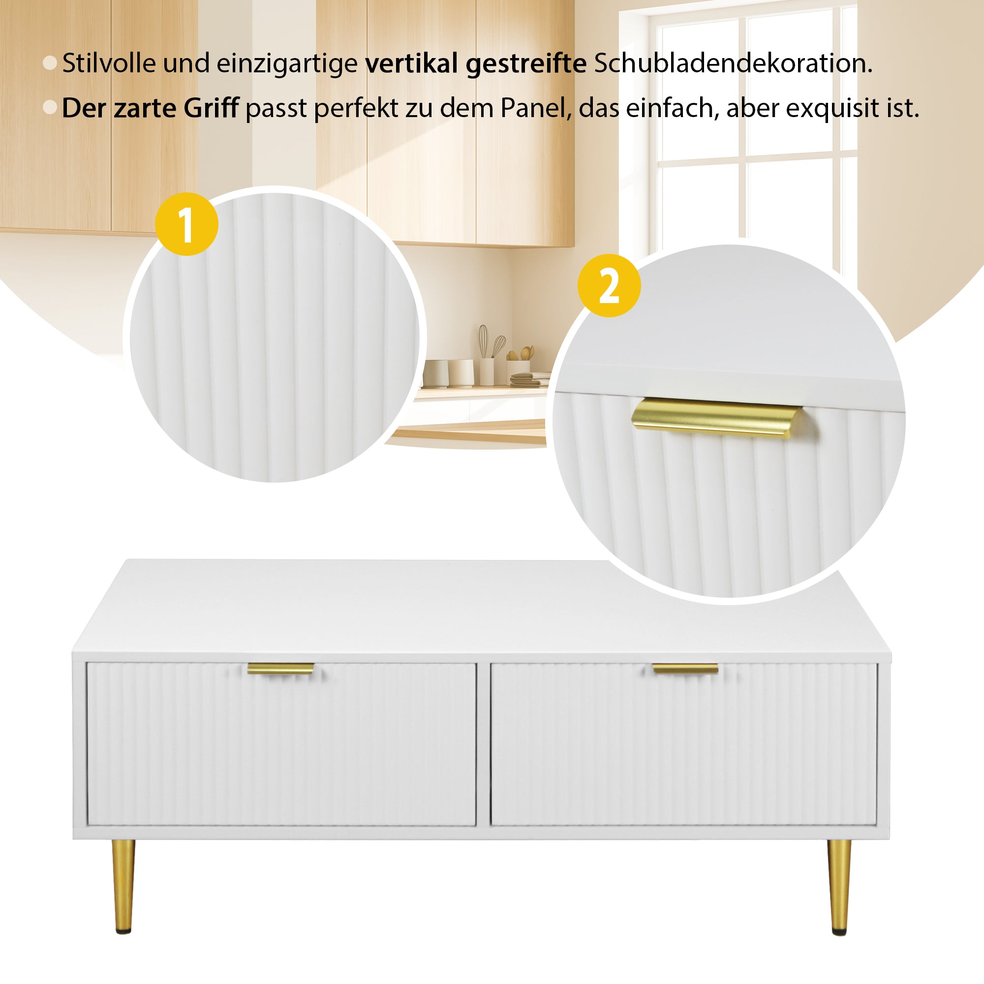 Modern White Coffee Table with 2 Drawers, Vertical Stripe Design, 100x50x40cm, Gold Accents