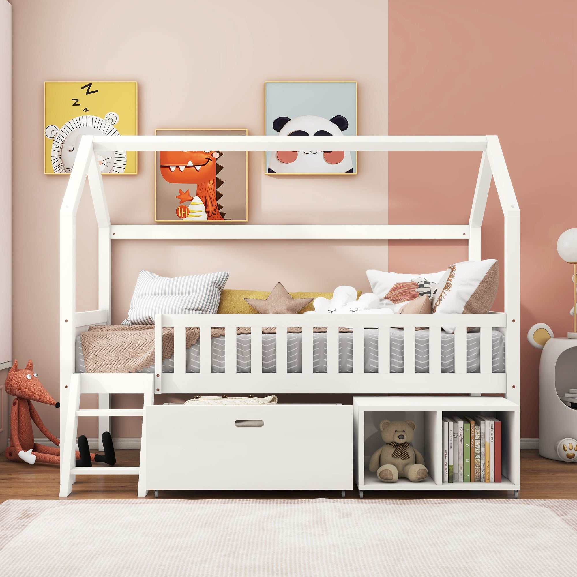 Household Bed, Children's Teen Bed, 90x190cm with Drawers, Storage, Anti-Fall Railings, White