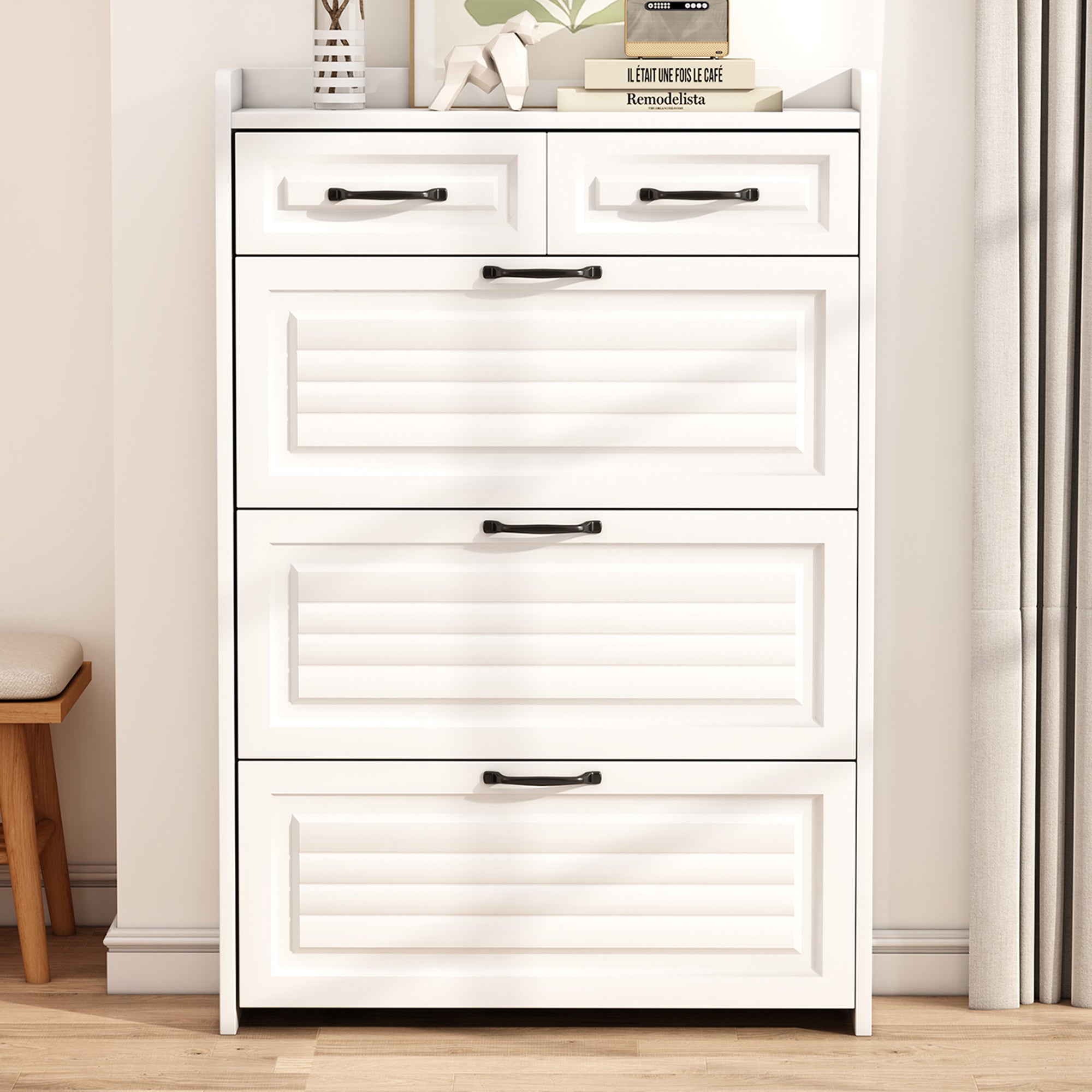 Shoe Cabinet 3 Doors 2 Drawers, W80/H131 cm, Wooden