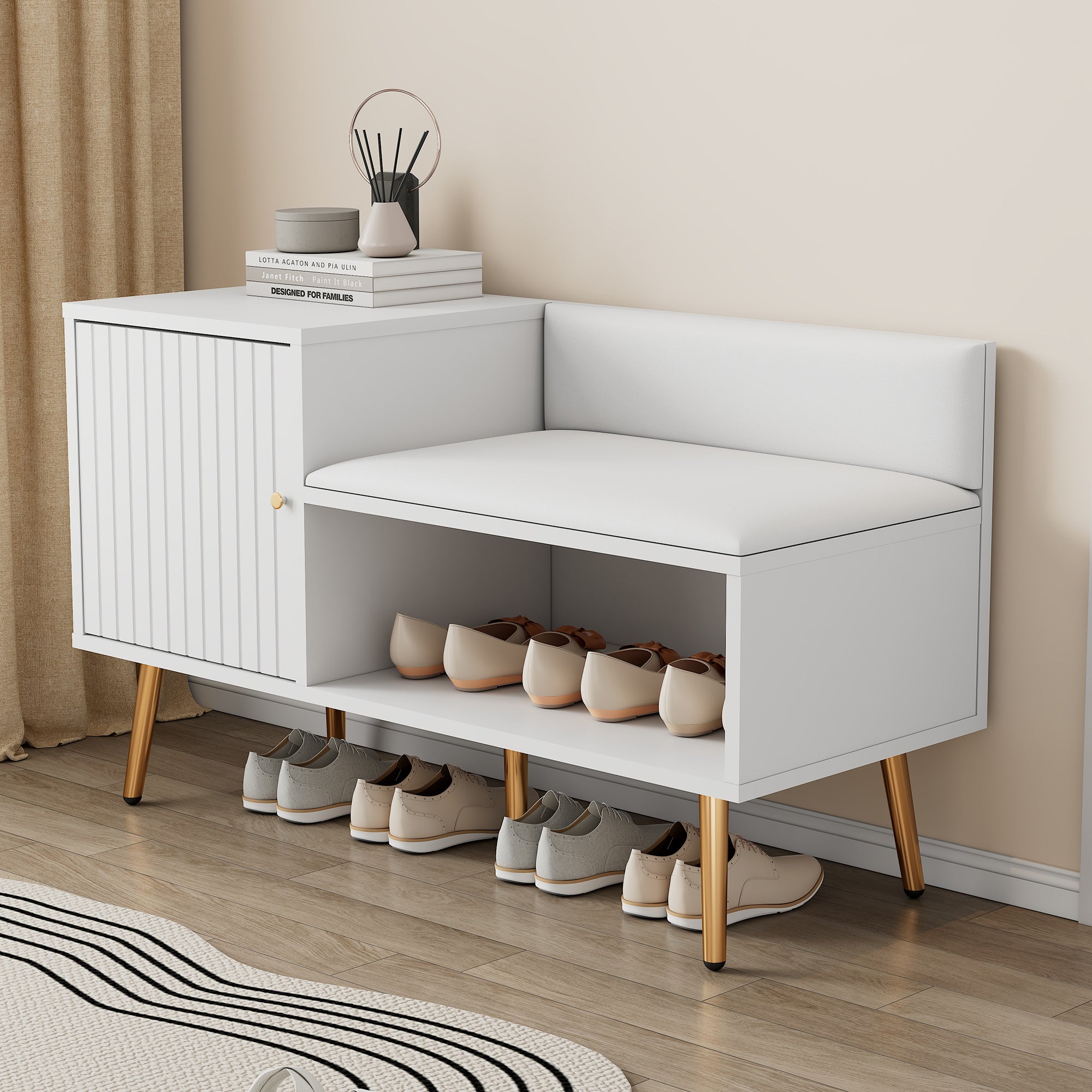 modern luxurious shoe chest with storage, upholstered bench, backrest, metal handles and legs, white