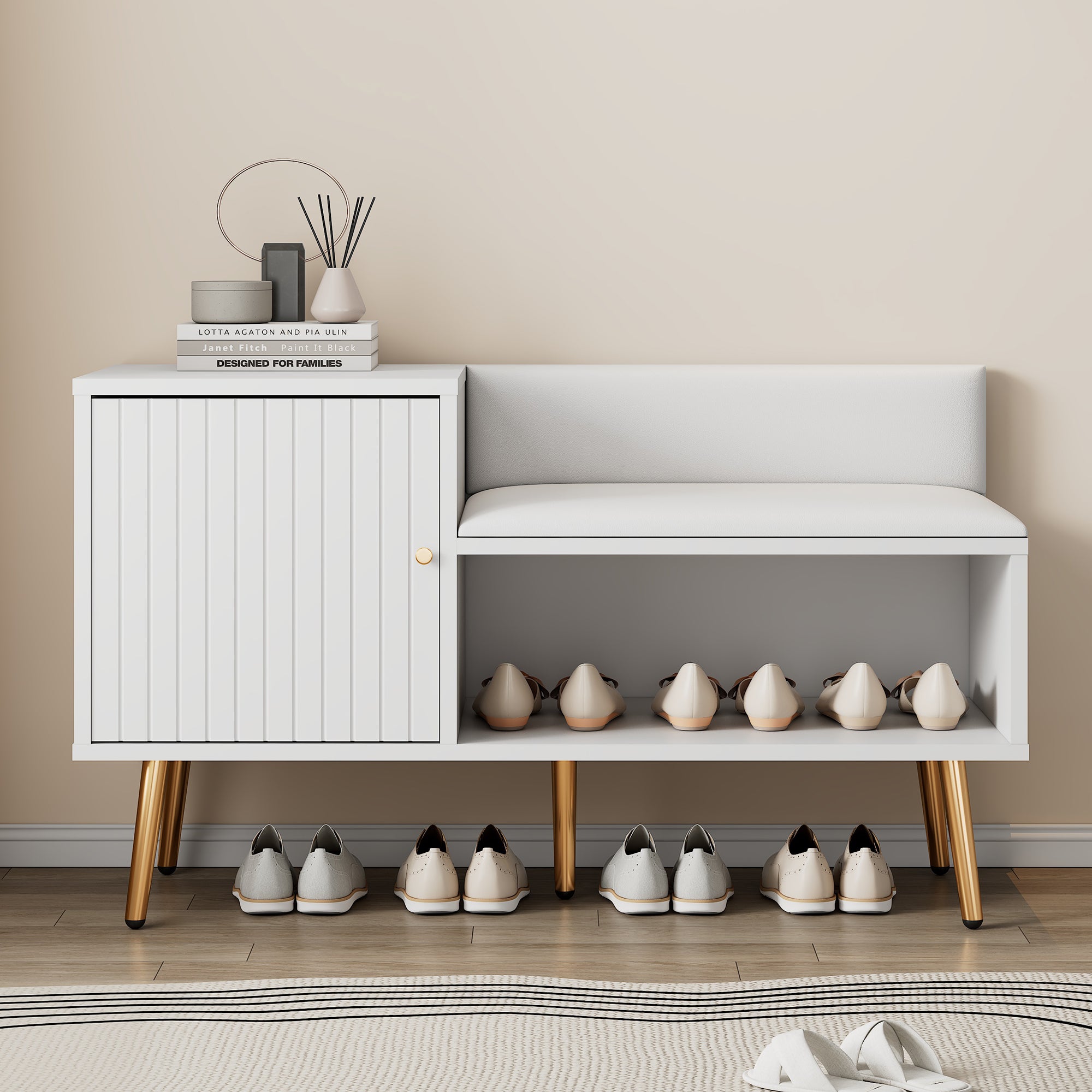 modern luxurious shoe chest with storage, upholstered bench, backrest, metal handles and legs, white