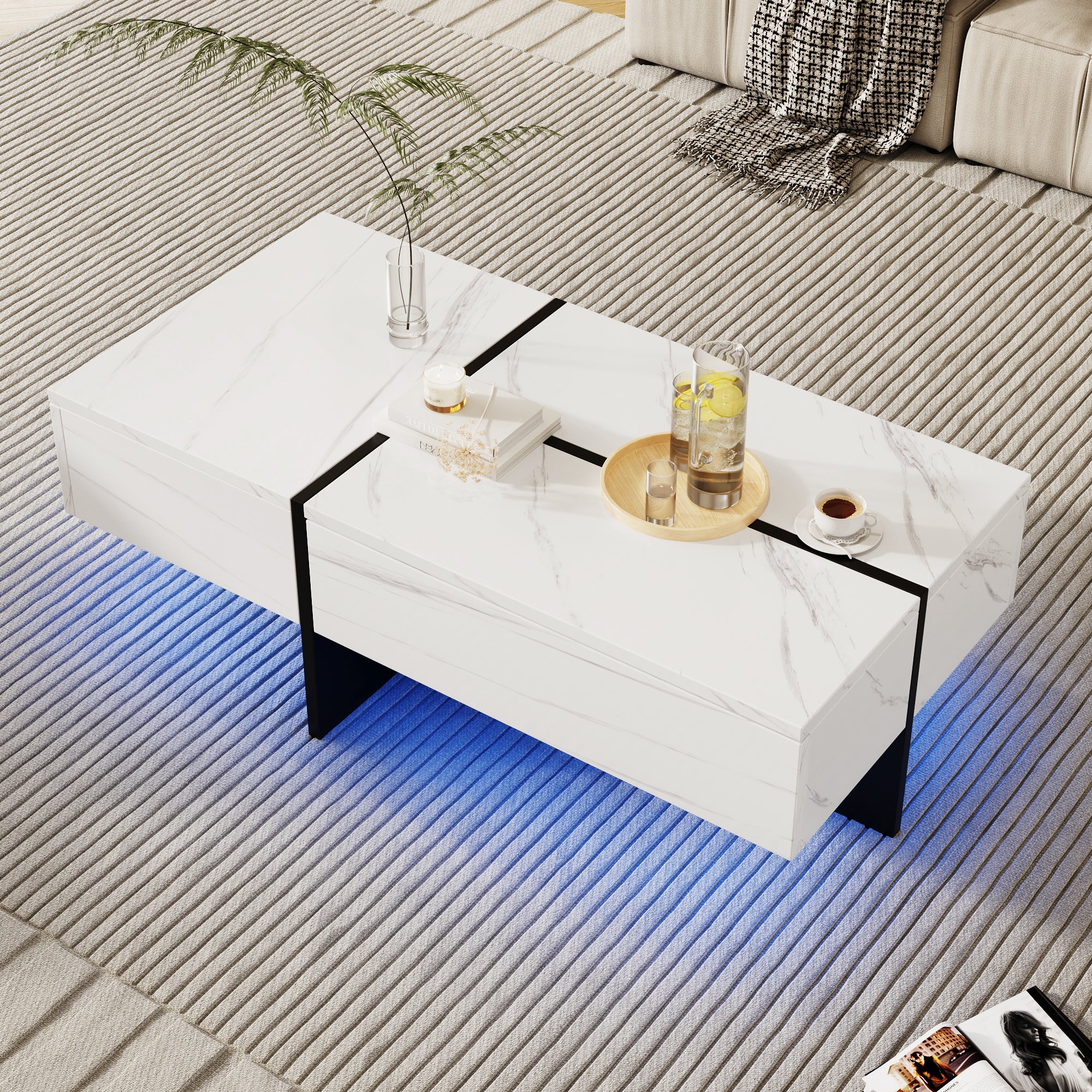 High-Gloss Coffee Table, 100x50x34.5cm, White Marble & Black Top