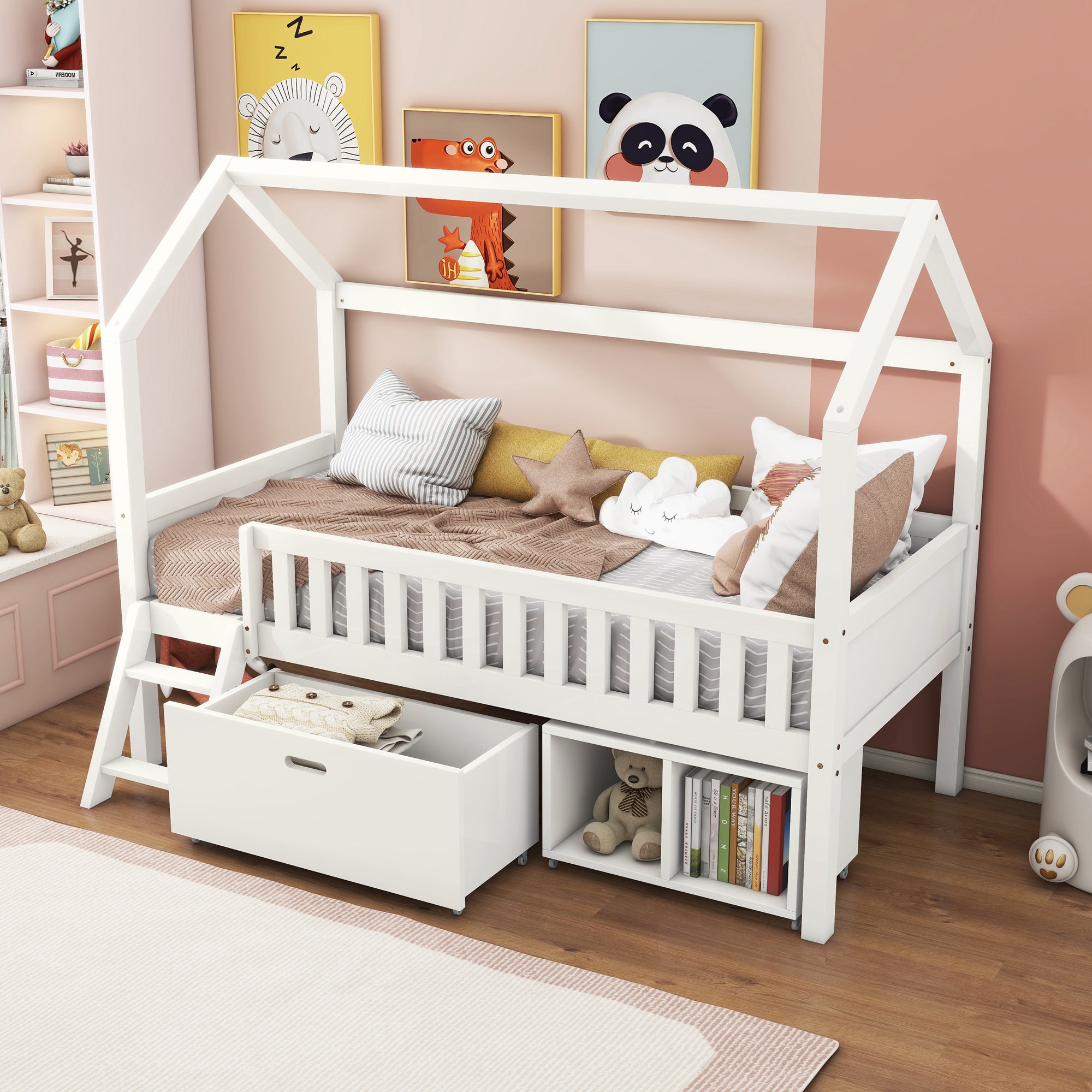 Household Bed, Children's Teen Bed, 90x190cm with Drawers, Storage, Anti-Fall Railings, White