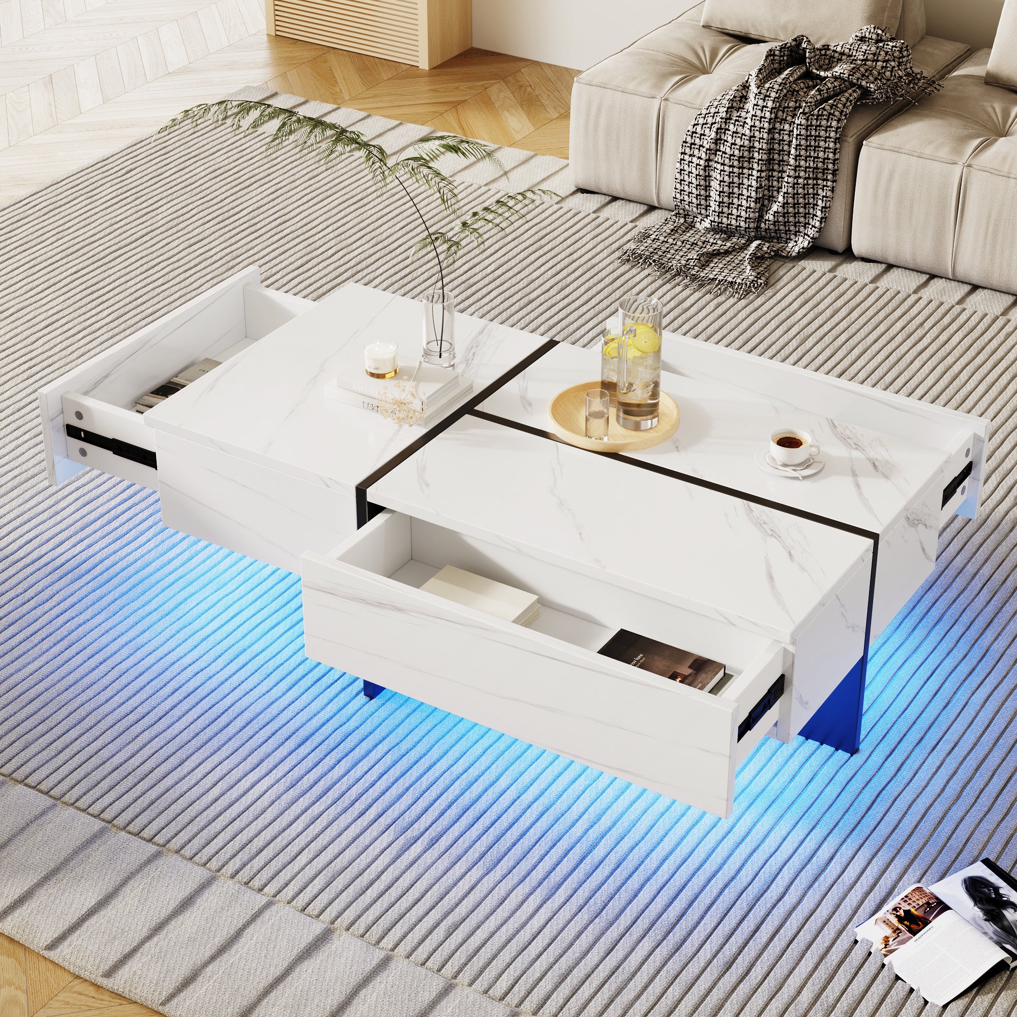 High-Gloss Coffee Table, 100x50x34.5cm, White Marble & Black Top