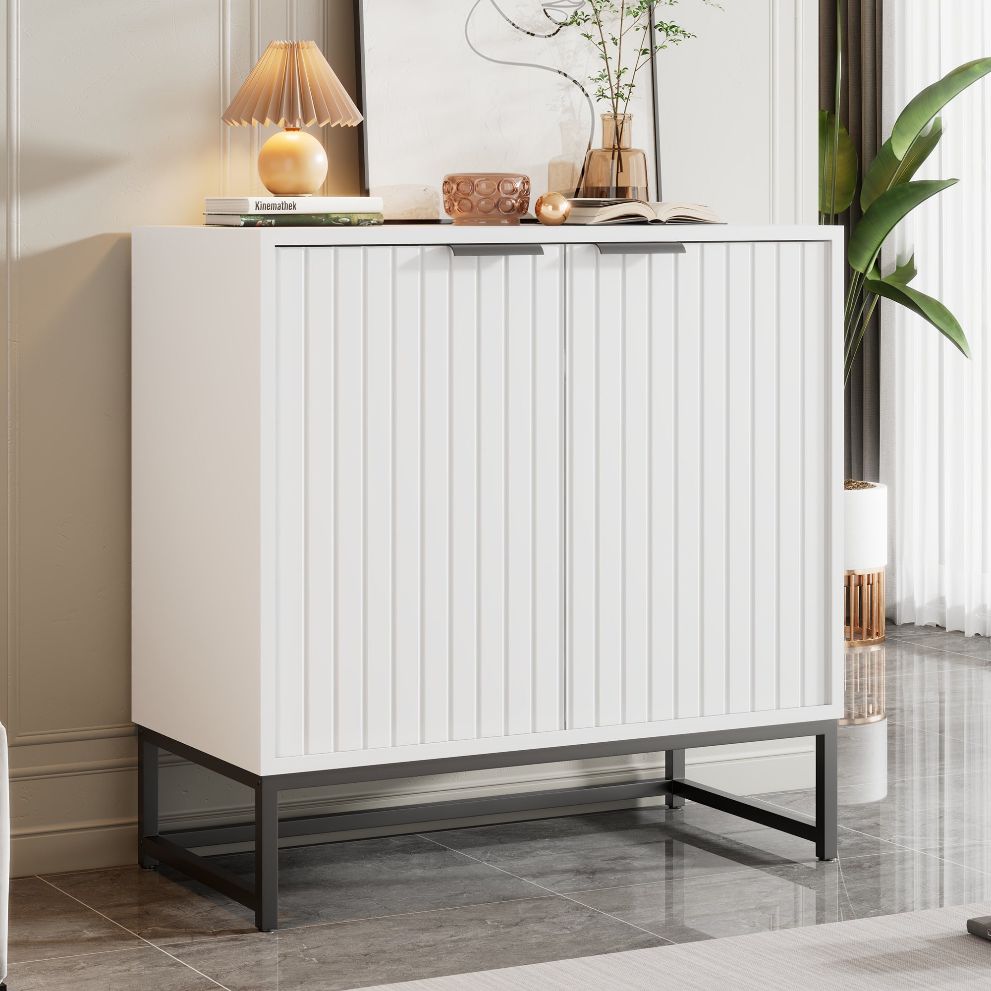 Modern sideboard chest of drawers with 2 doors, standing storage cabinet with metal handles and frame legs, vacuum forming