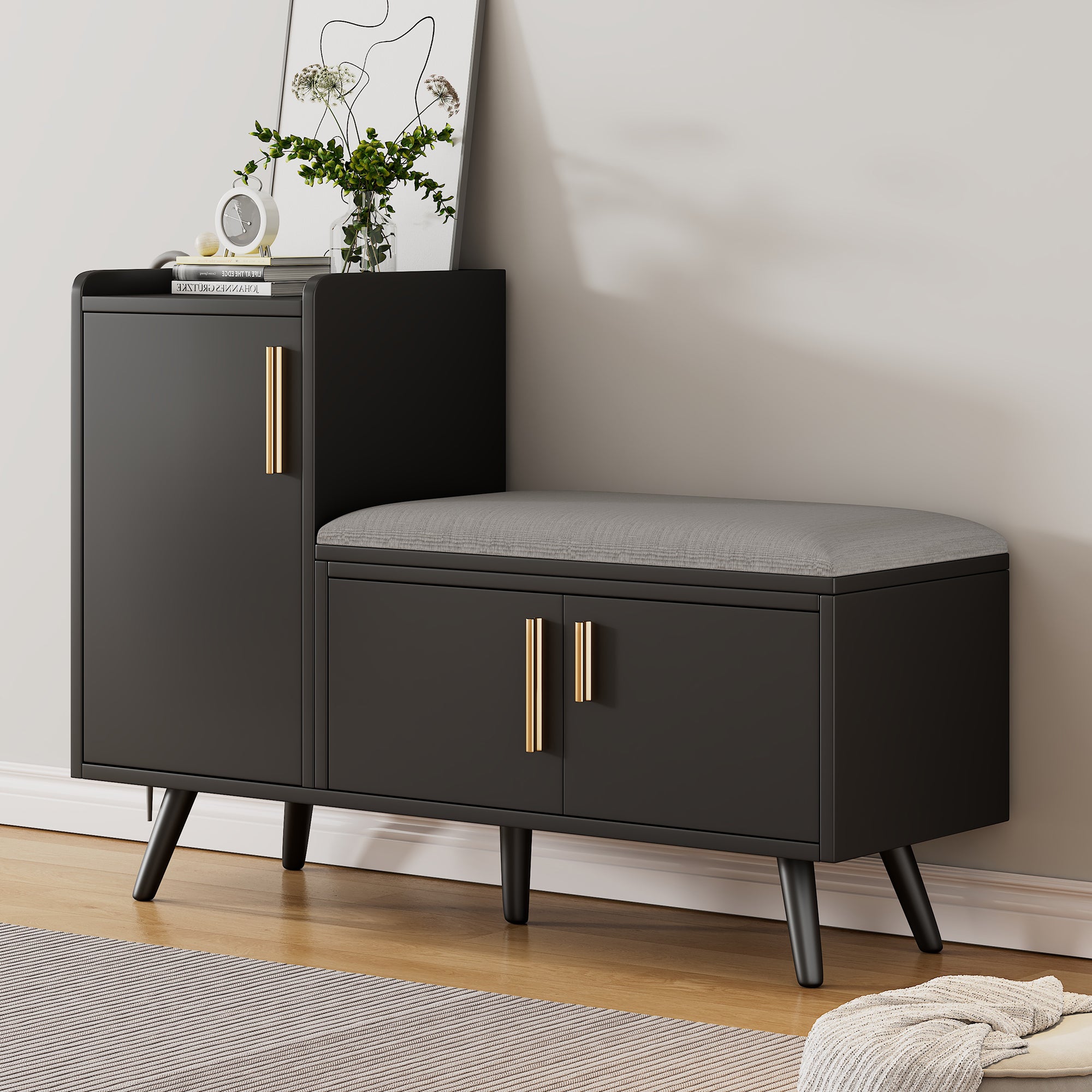 Modern shoe bench with three storage doors, multiple levels for storage