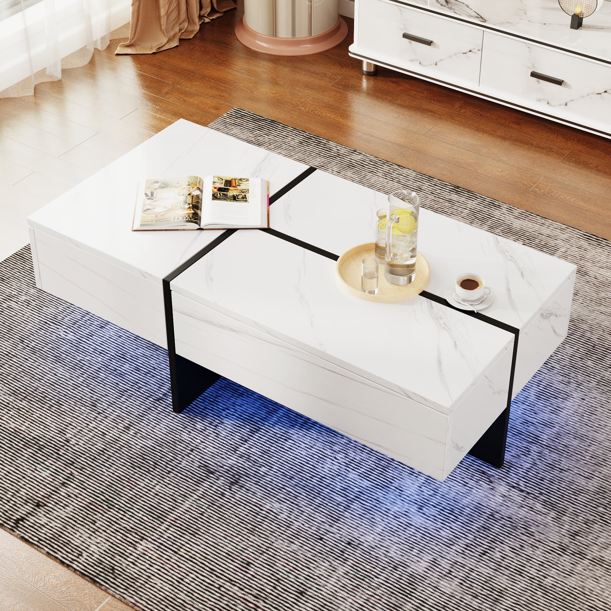 High-Gloss Coffee Table, 100x50x34.5cm, White Marble & Black Top