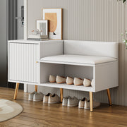 modern luxurious shoe chest with storage, upholstered bench, backrest, metal handles and legs, white