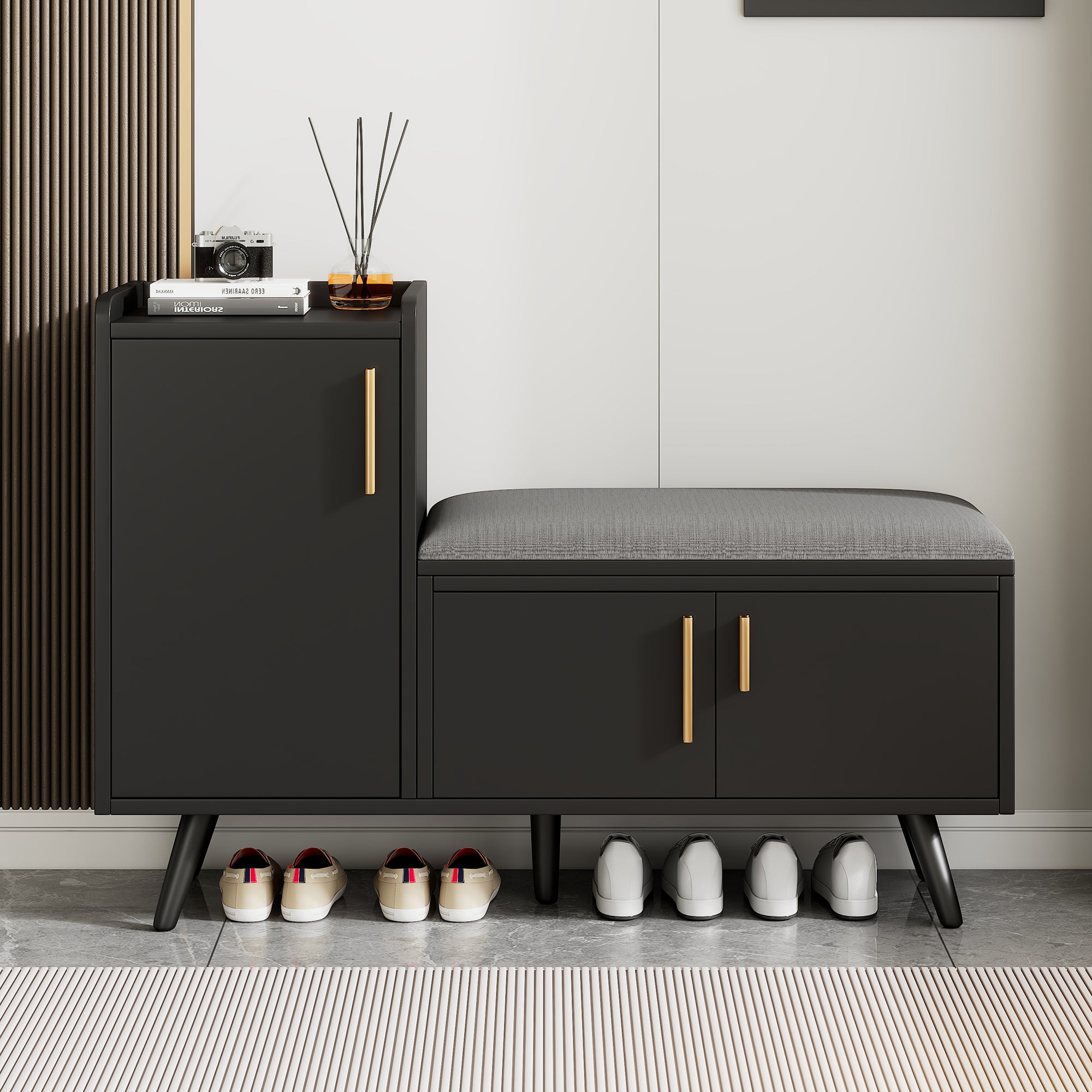 Modern shoe bench with three storage doors, multiple levels for storage