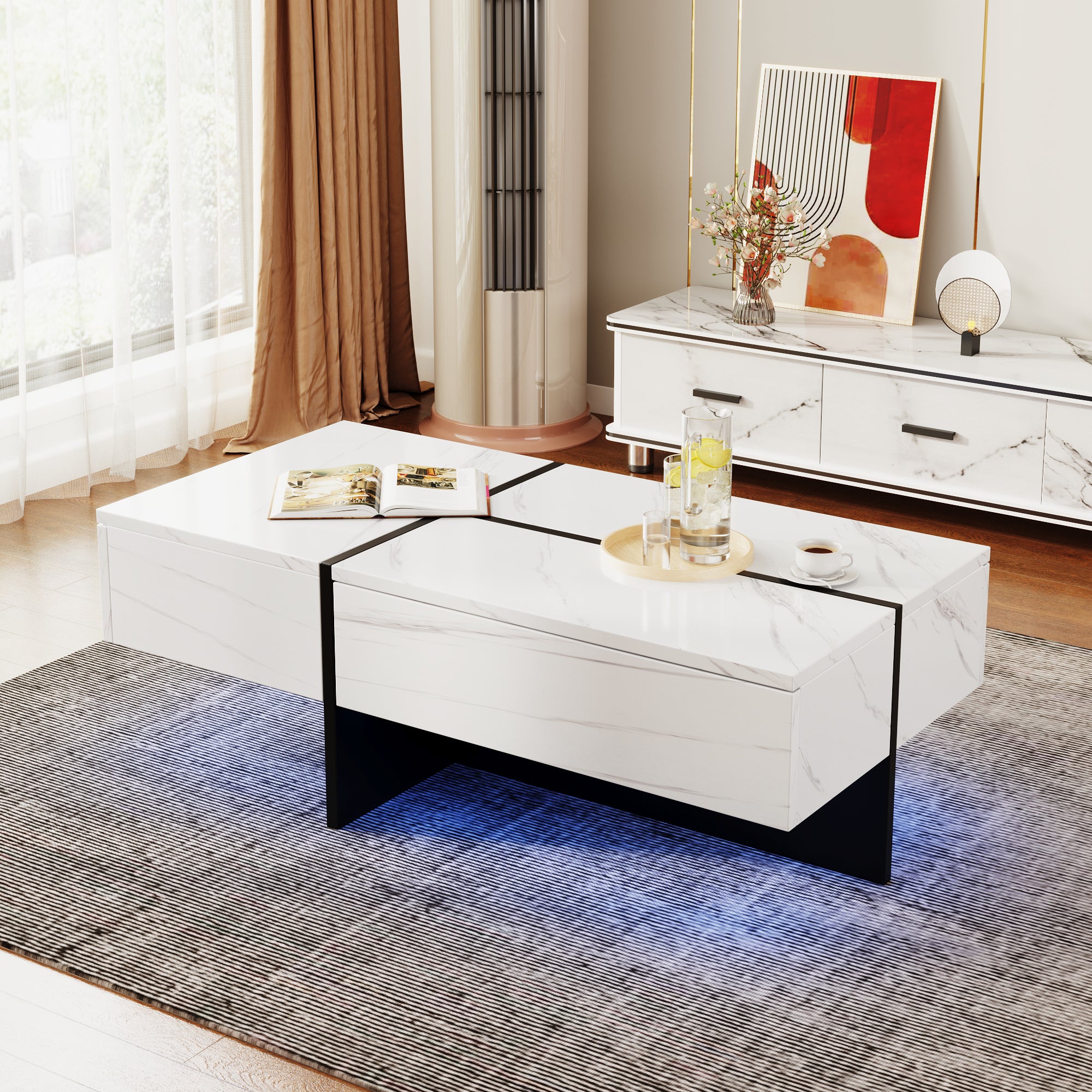High-Gloss Coffee Table, 100x50x34.5cm, White Marble & Black Top