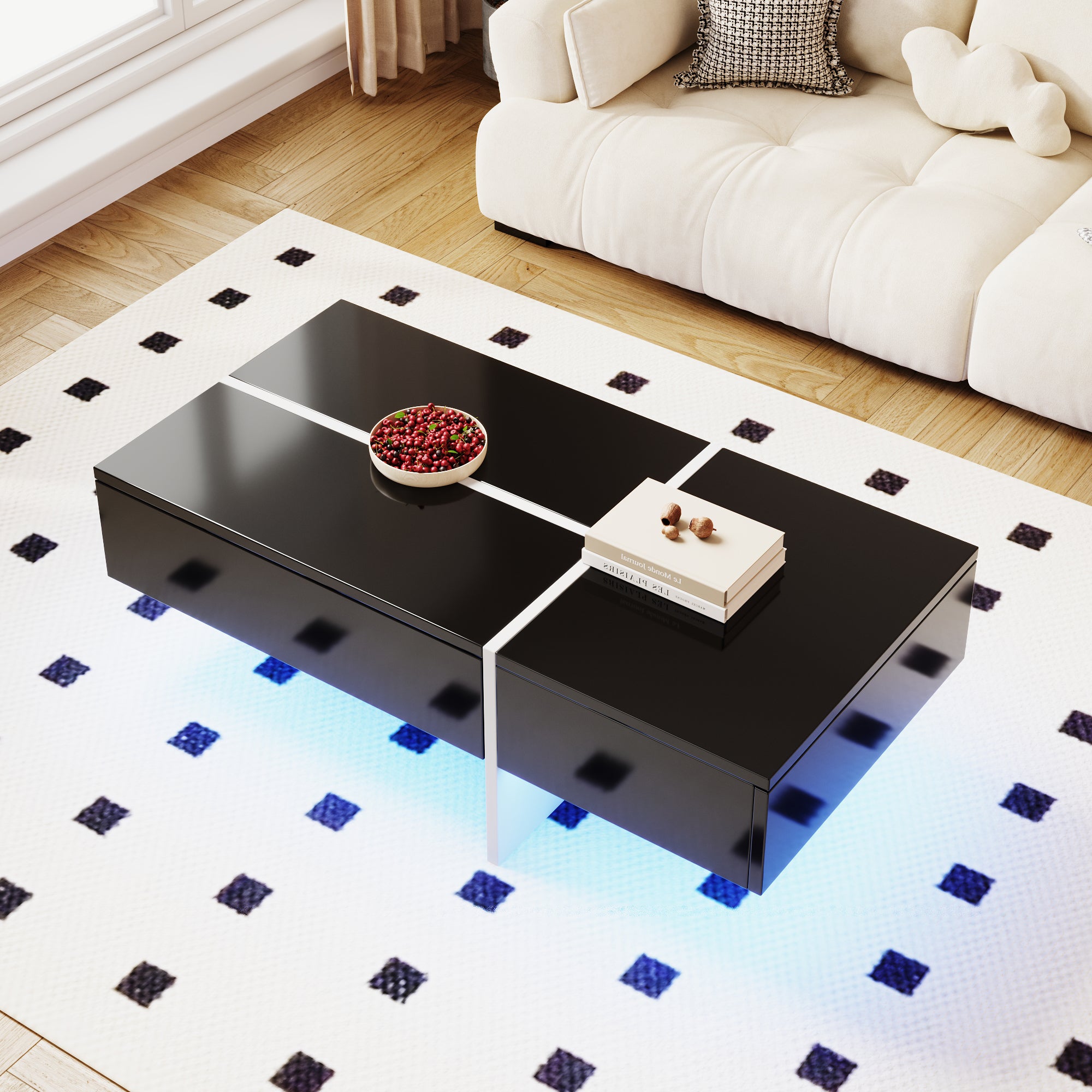 Coffee Table, High-Gloss Colorblock Structure, 100x50x34.5cm, Black and White