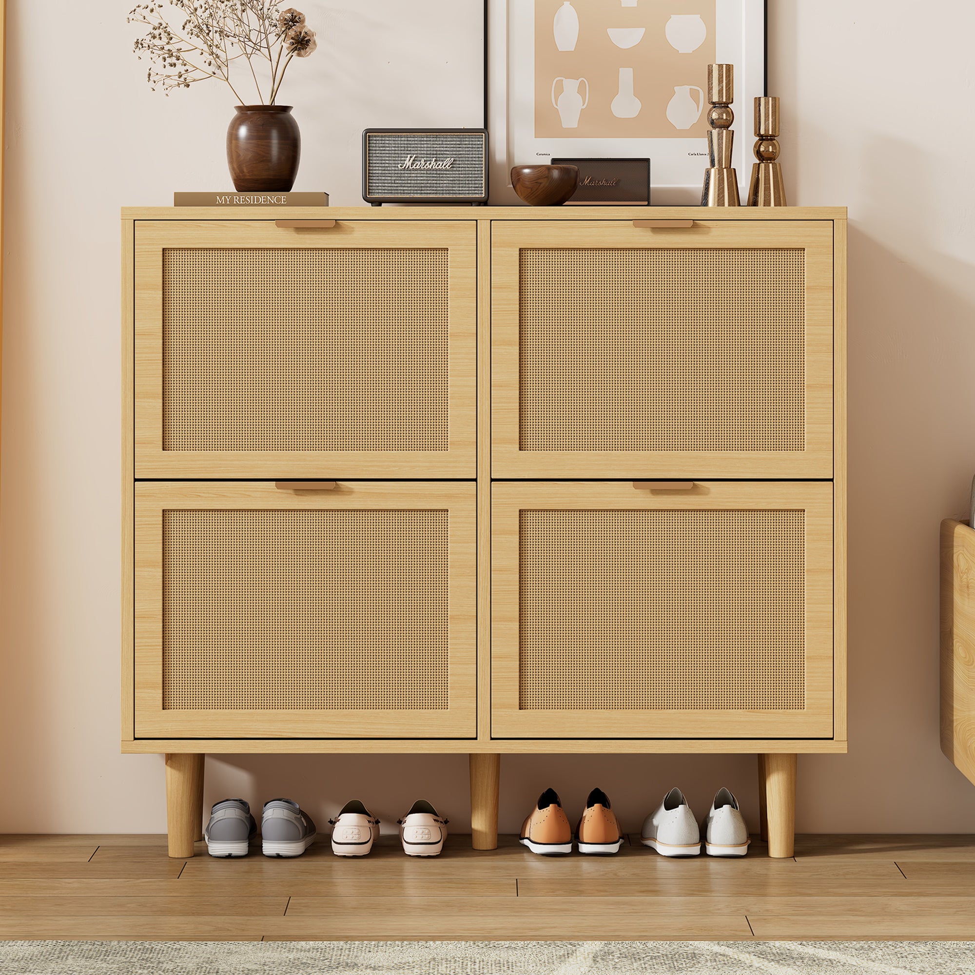 Shoe Cabinet with 4 Folding Drawers, Rattan and Wooden