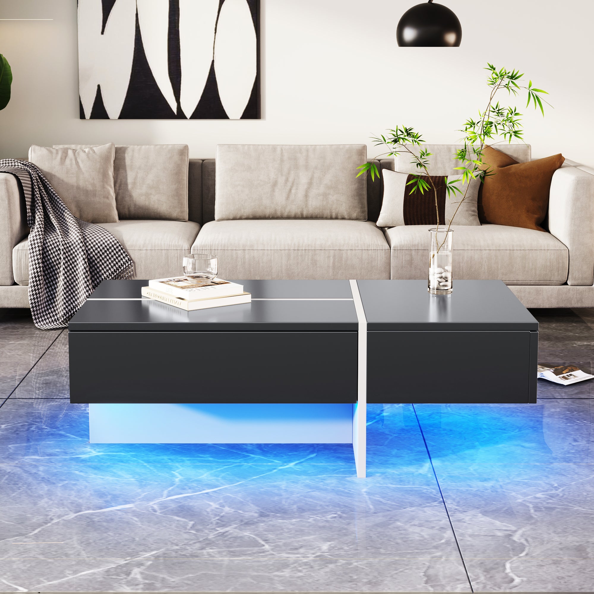 Coffee Table, High-Gloss Colorblock Structure, 100x50x34.5cm, Black and White