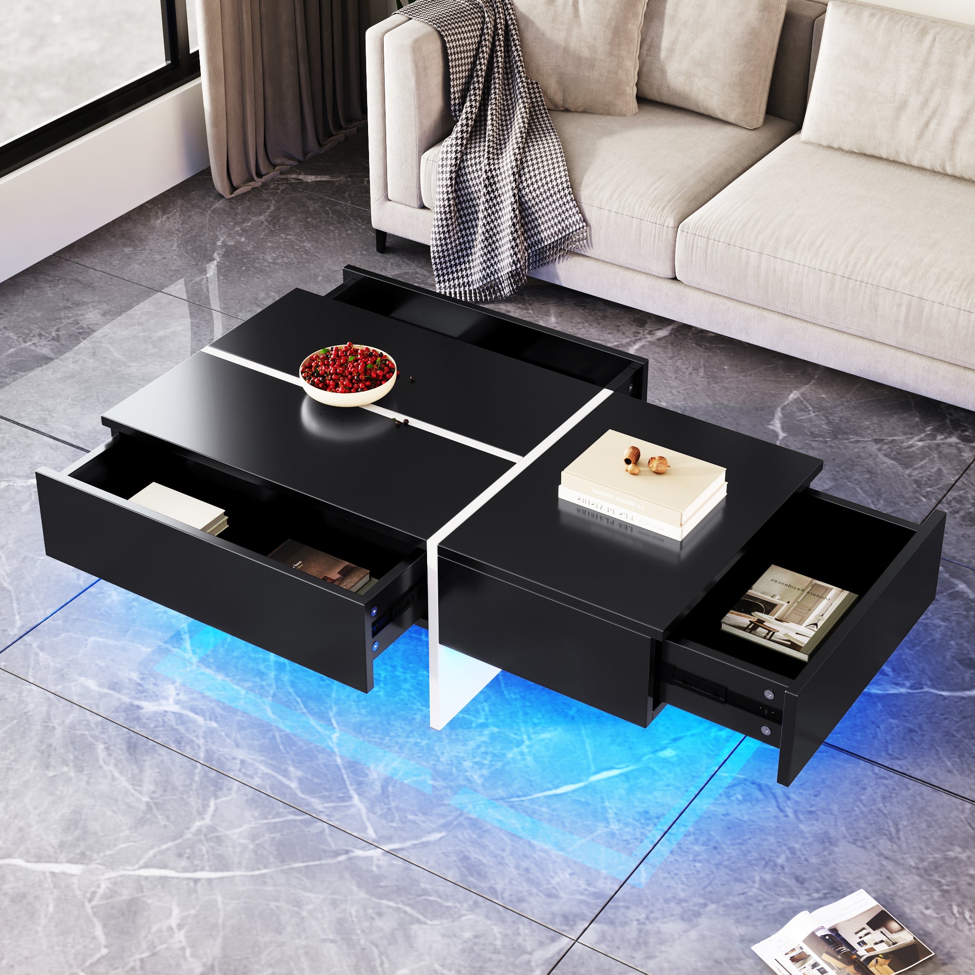 Coffee Table, High-Gloss Colorblock Structure, 100x50x34.5cm, Black and White