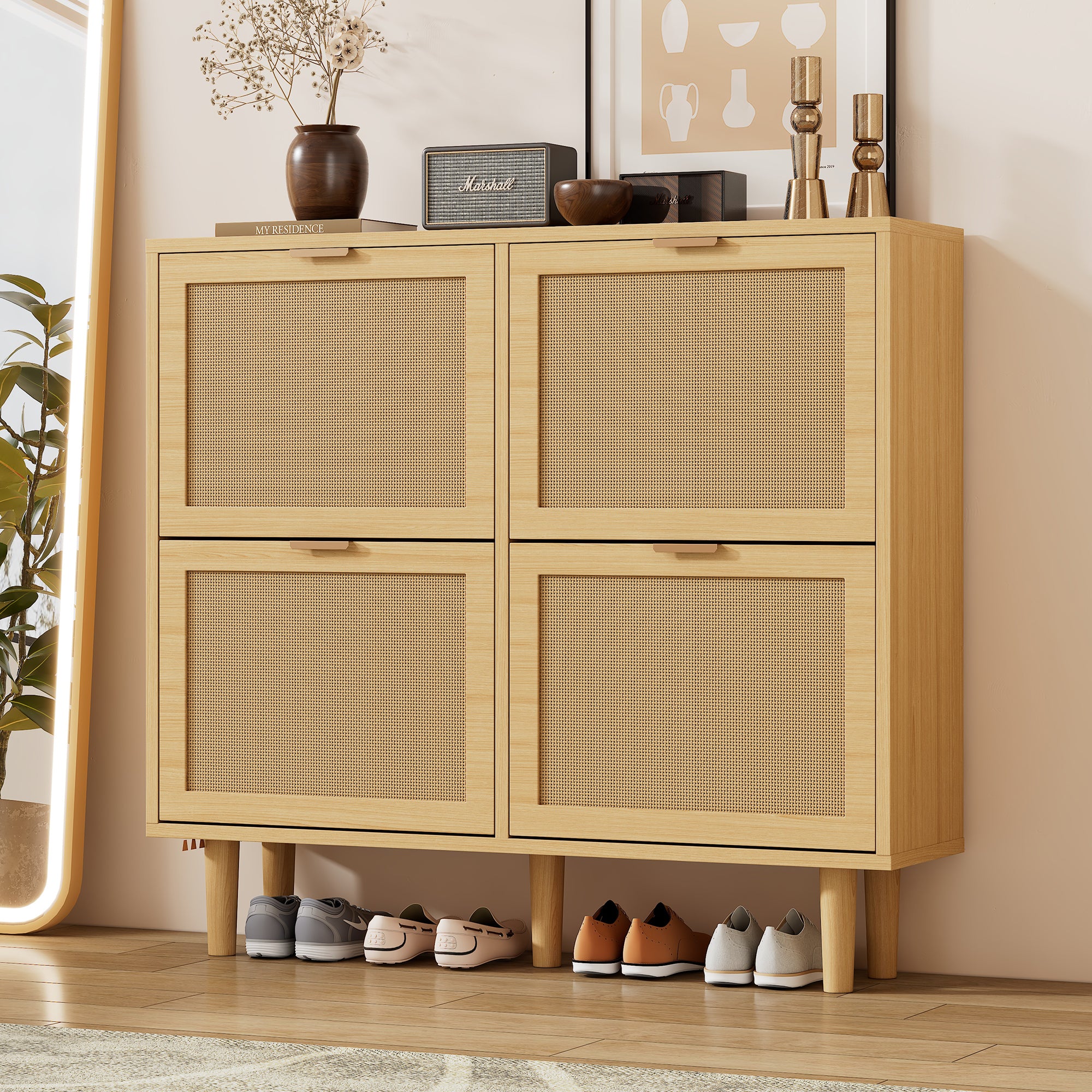 Shoe Cabinet with 4 Folding Drawers, Rattan and Wooden