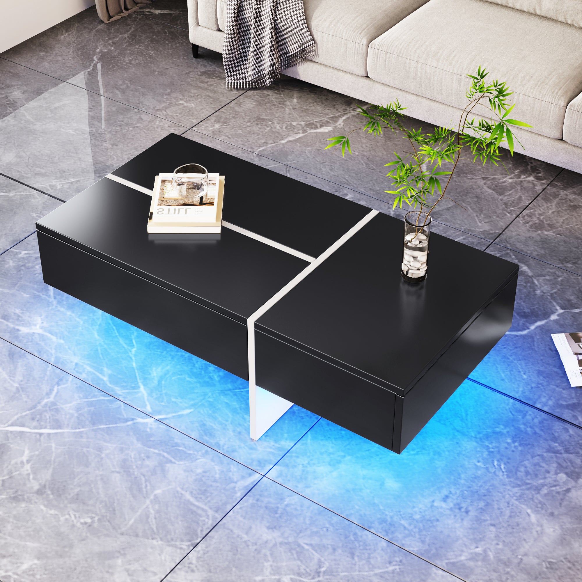 Coffee Table, High-Gloss Colorblock Structure, 100x50x34.5cm, Black and White