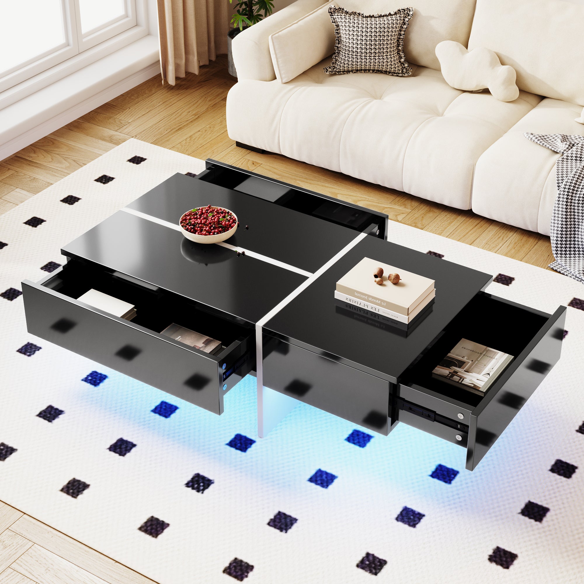 Coffee Table, High-Gloss Colorblock Structure, 100x50x34.5cm, Black and White