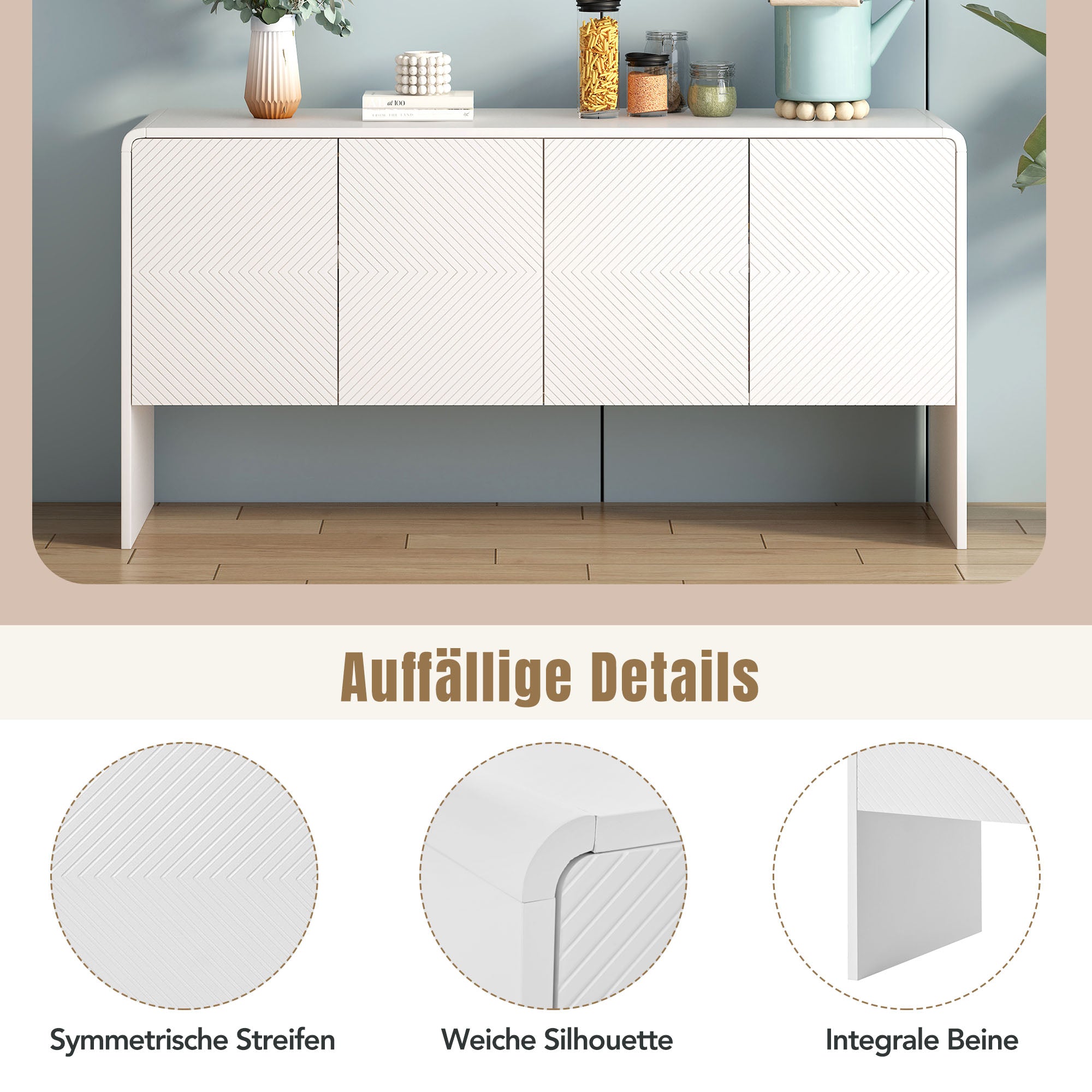 Minimalist Storage Sideboard with 4 Doors and Reclining Mechanism, White