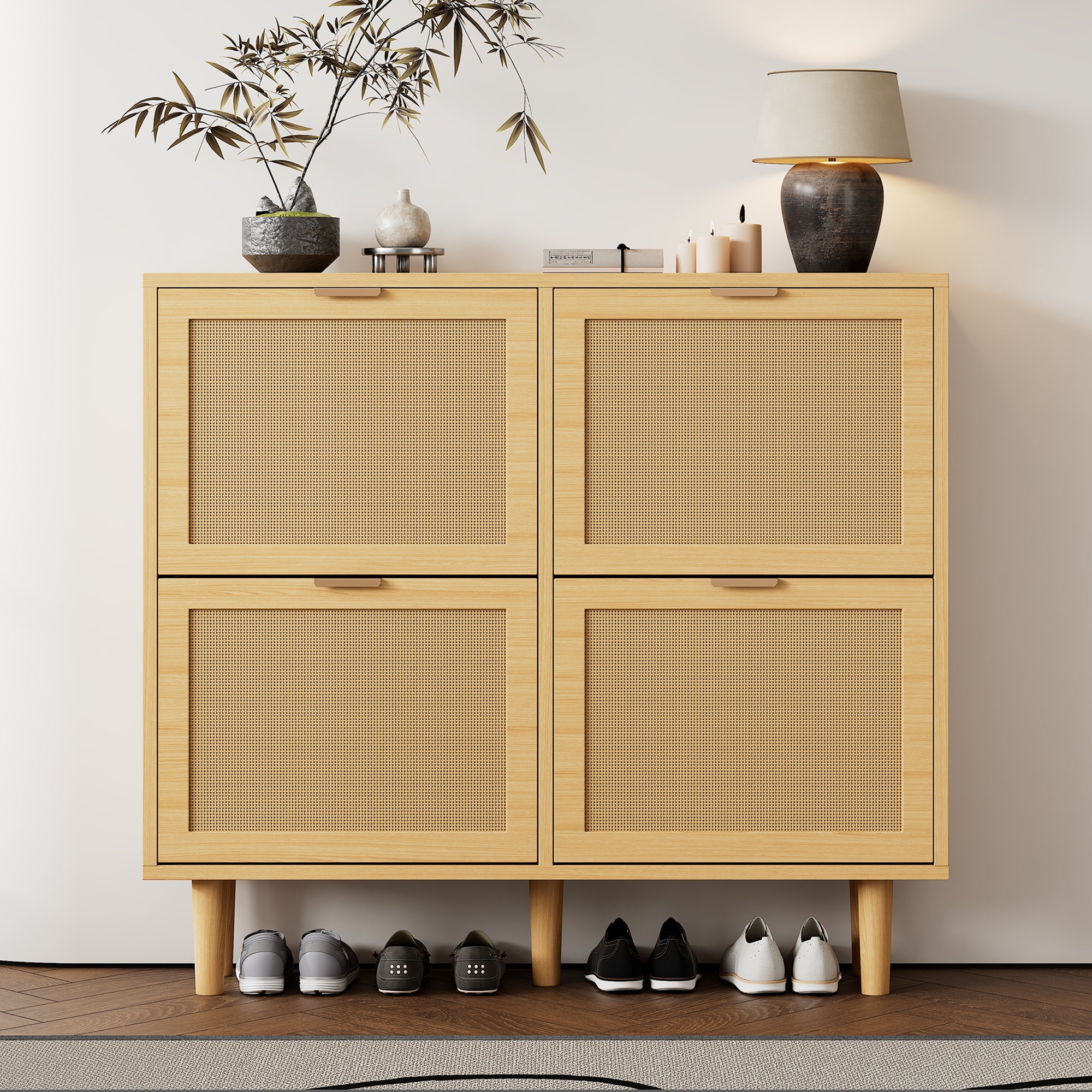Shoe Cabinet with 4 Folding Drawers, Rattan and Wooden