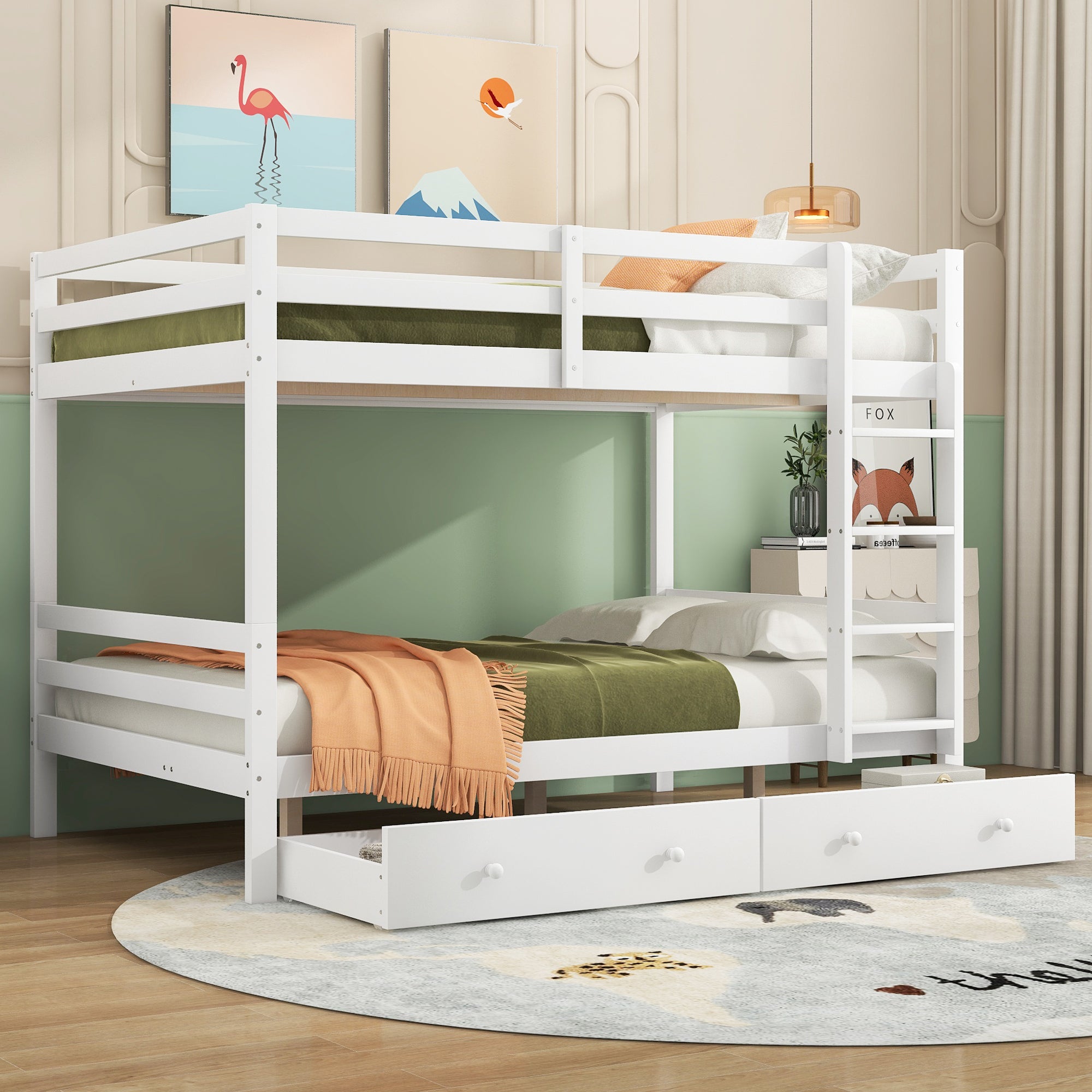 Bunk Bed 140*200cm, Children's with Drawers, Storage, High Railings, White