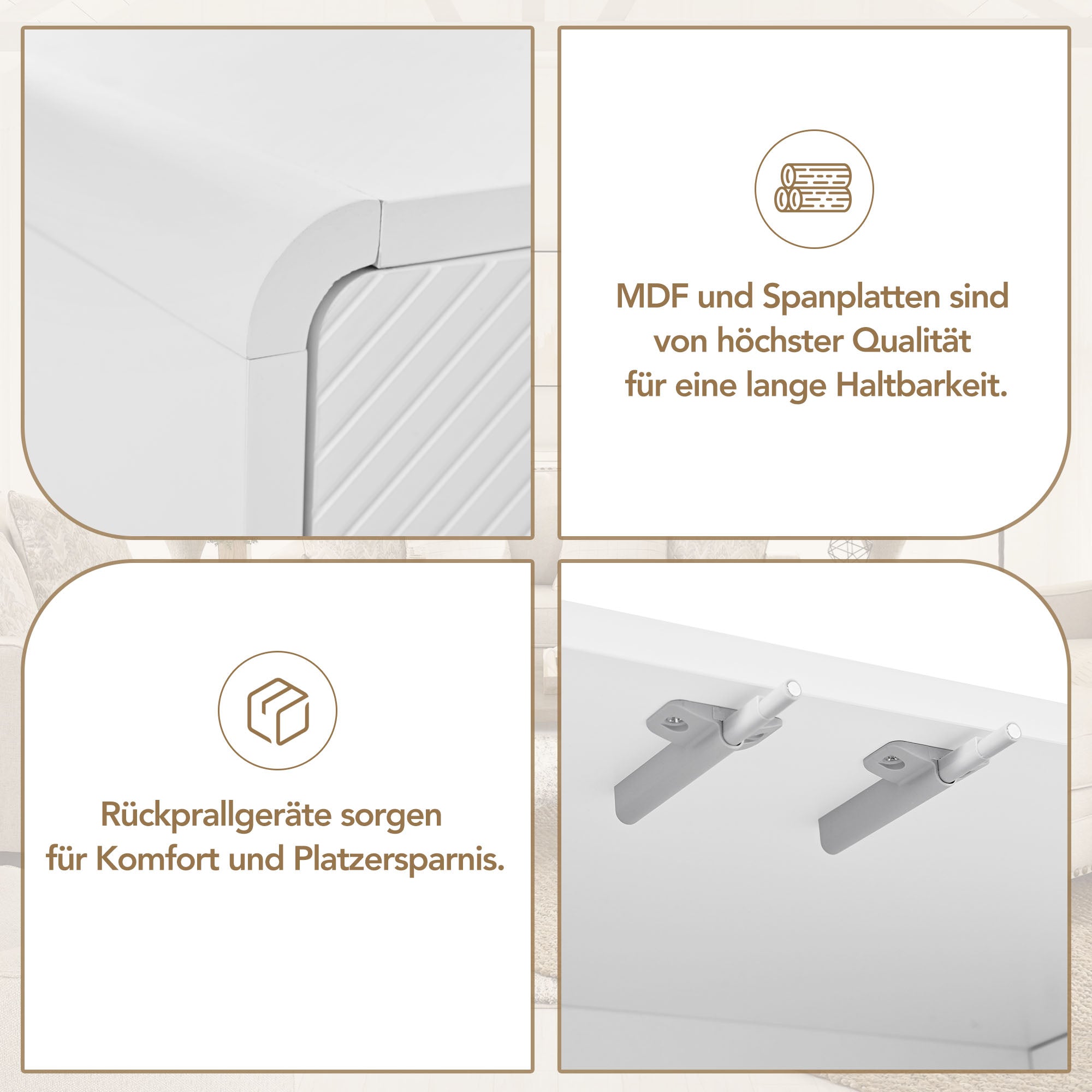 Minimalist Storage Sideboard with 4 Doors and Reclining Mechanism, White