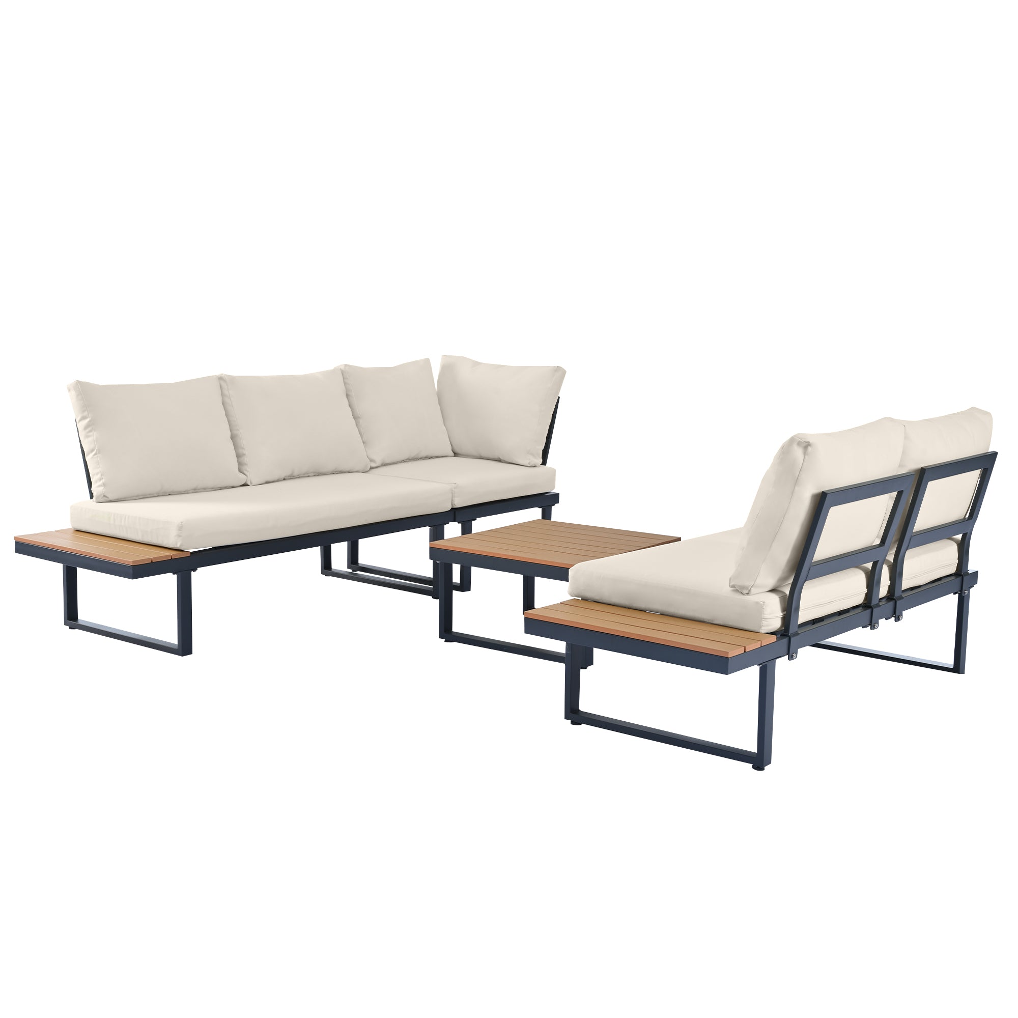 Outdoor Corner Lounge Sofa Set with Adjustable Backrest and Teak-Style Panels